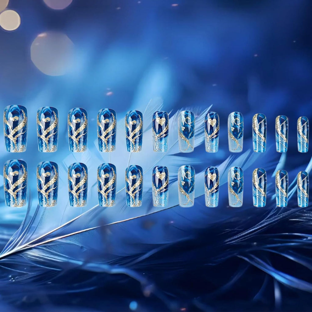 24Pcs Gold Curve Line Press on Nails Sea Acrylic Fake Nail Glossy Blue Gradient Medium Square False Nails Love Heart Stick on Fingernails Seaweed Gel Glue on Nail for Coquette Women Girls : Beauty & Personal Care
