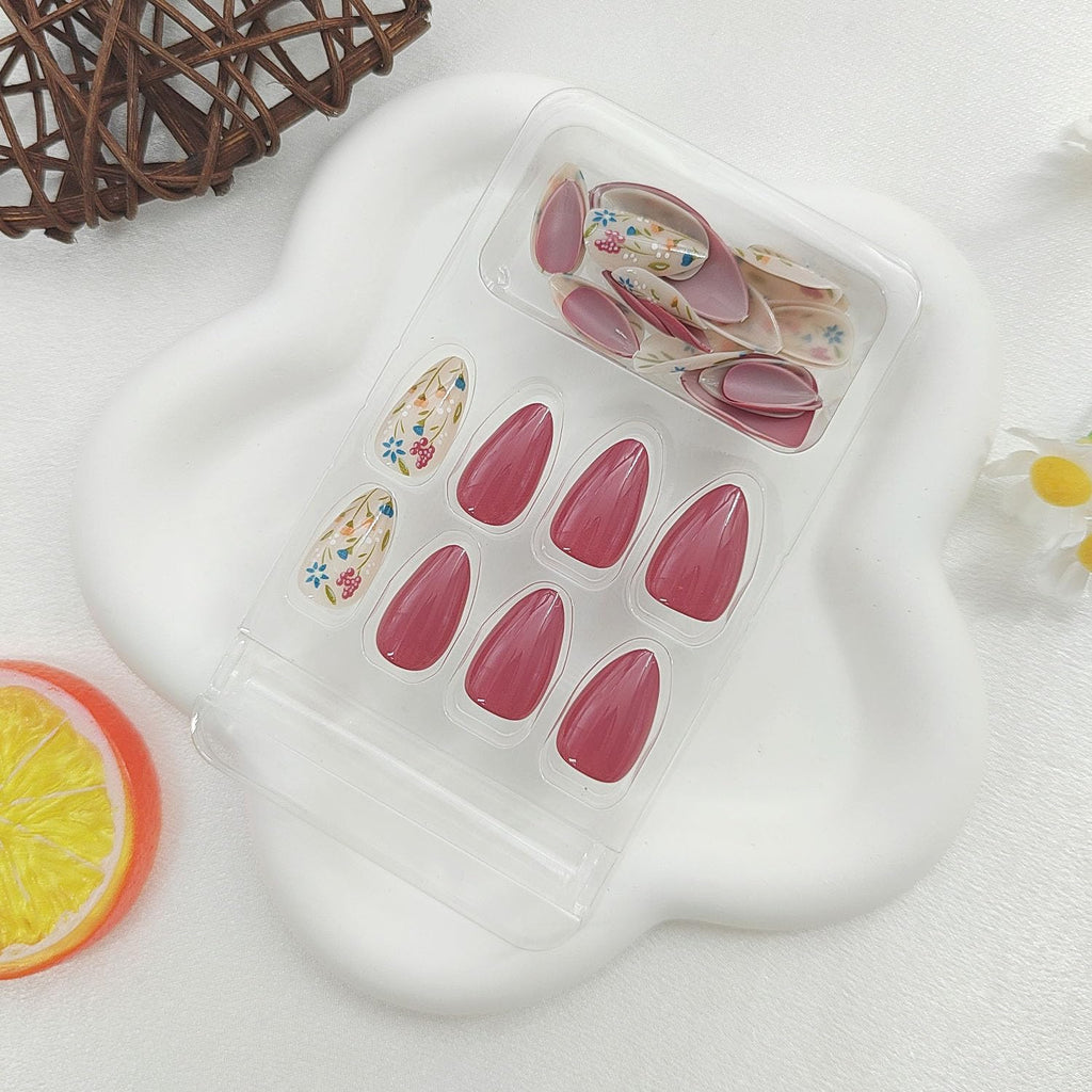 Short Press On Almond Fake Nails - Flower Acrylic Fall Nails Press Ons Full Cover Glue On Cute False Floral Stick On Nails for Women - 30 Pcs : Beauty & Personal Care
