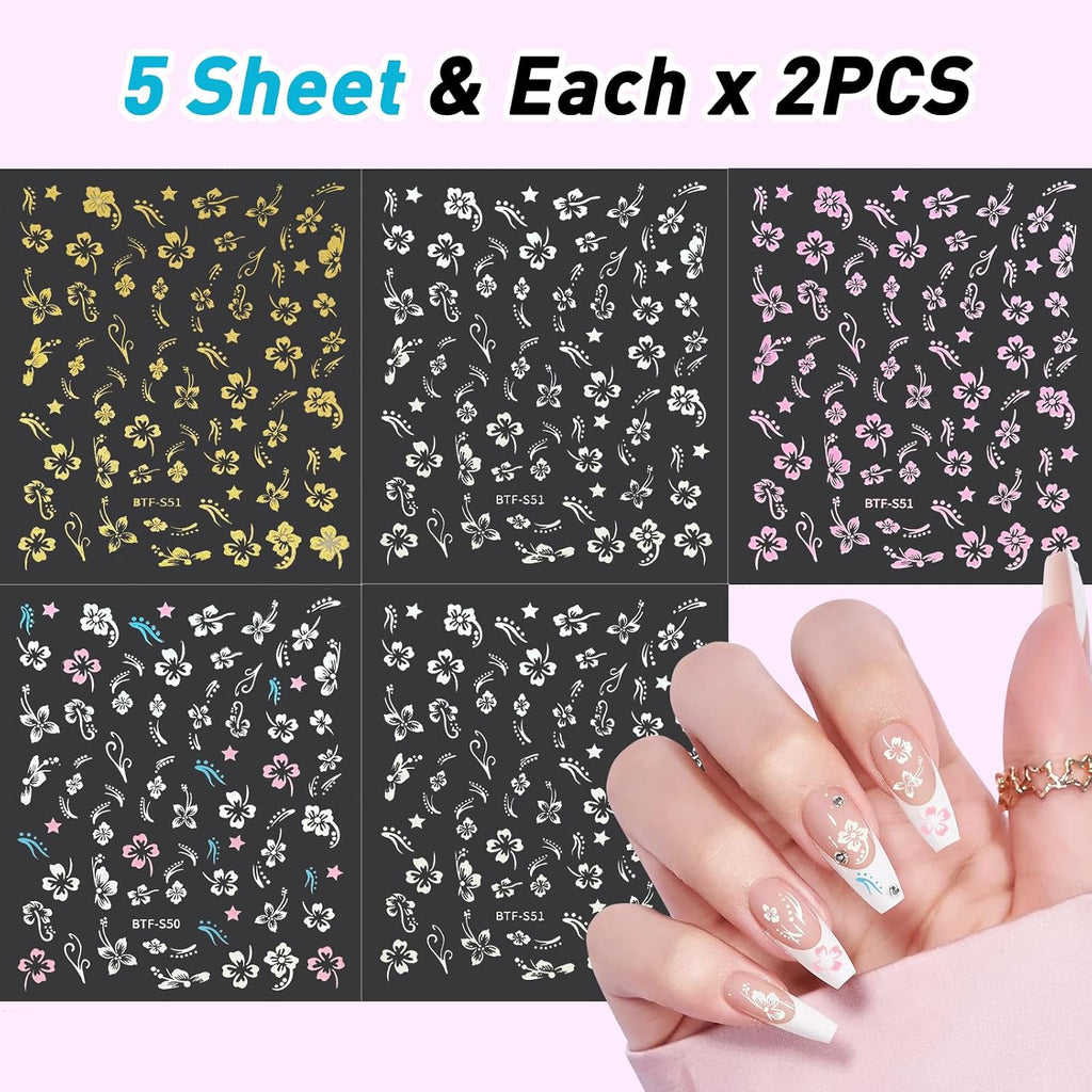 MUIIGOOD Flower Nail Stickers 10 Sheets Hibiscus Nail Decals White Pink Golden Clear Silver Decals Nail Art Decorations Nail Decals Nail Art Supplies Nail Designs for Women Manicure Tips : Beauty & Personal Care