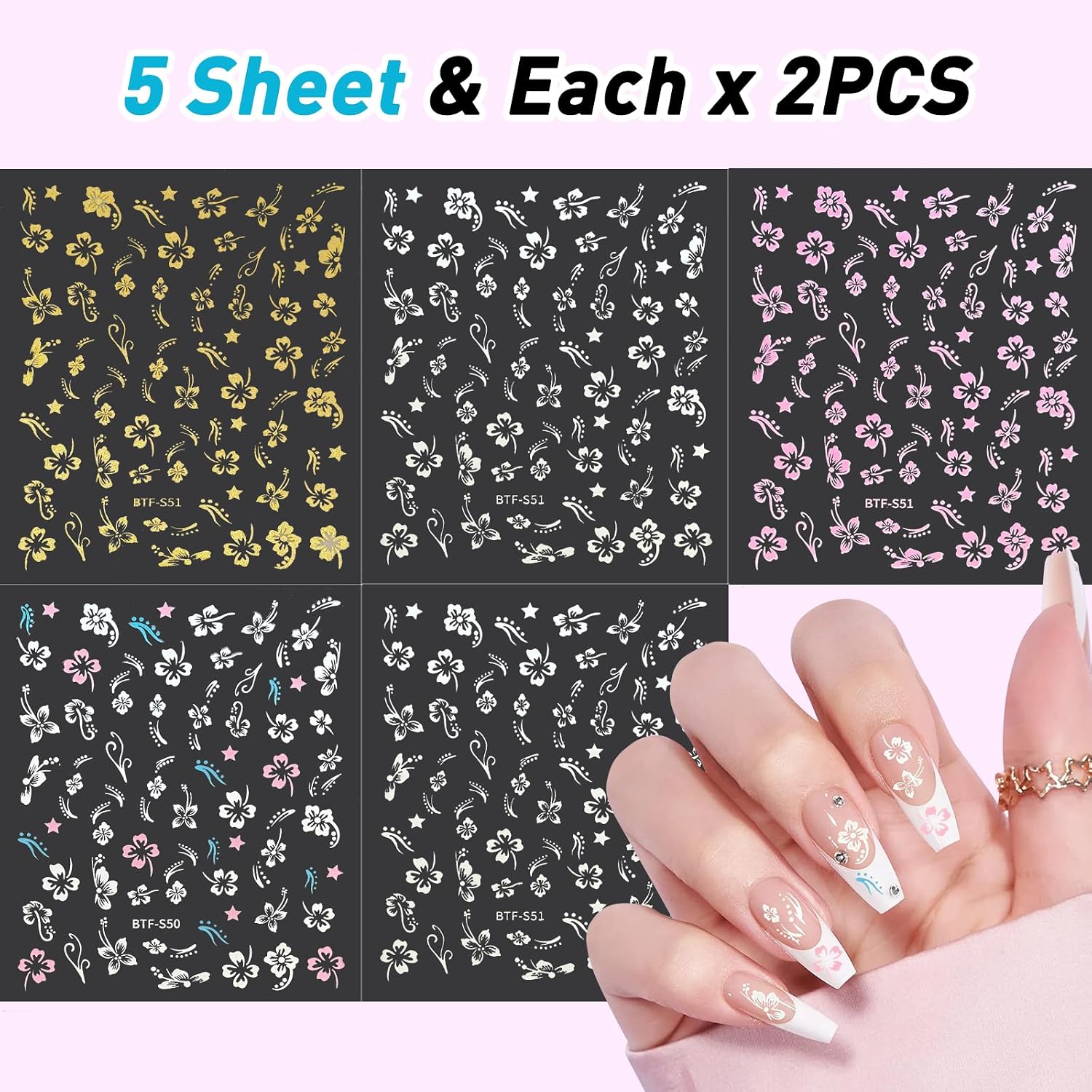 MUIIGOOD Flower Nail Stickers 10 Sheets Hibiscus Nail Decals White Pink Golden Clear Silver Decals Nail Art Decorations Nail Decals Nail Art Supplies Nail Designs for Women Manicure Tips : Beauty & Personal Care