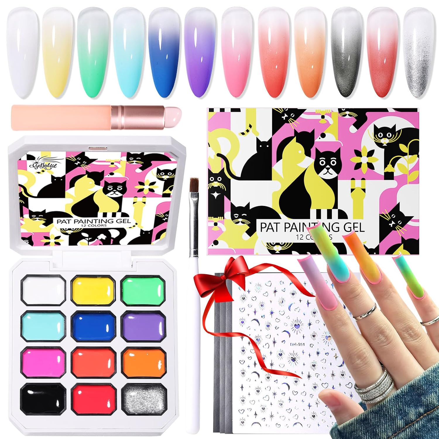 GELLAKTIK 12 Color Patting Nail Gel Polish Kit. Ombre Painting Gel Palette with Brush & Silicone Patting Pen & Nail Art Stickers - UV/LED Curing for Gradient Nails. Beginner Friendly DIY Manicure Set : Beauty & Personal Care