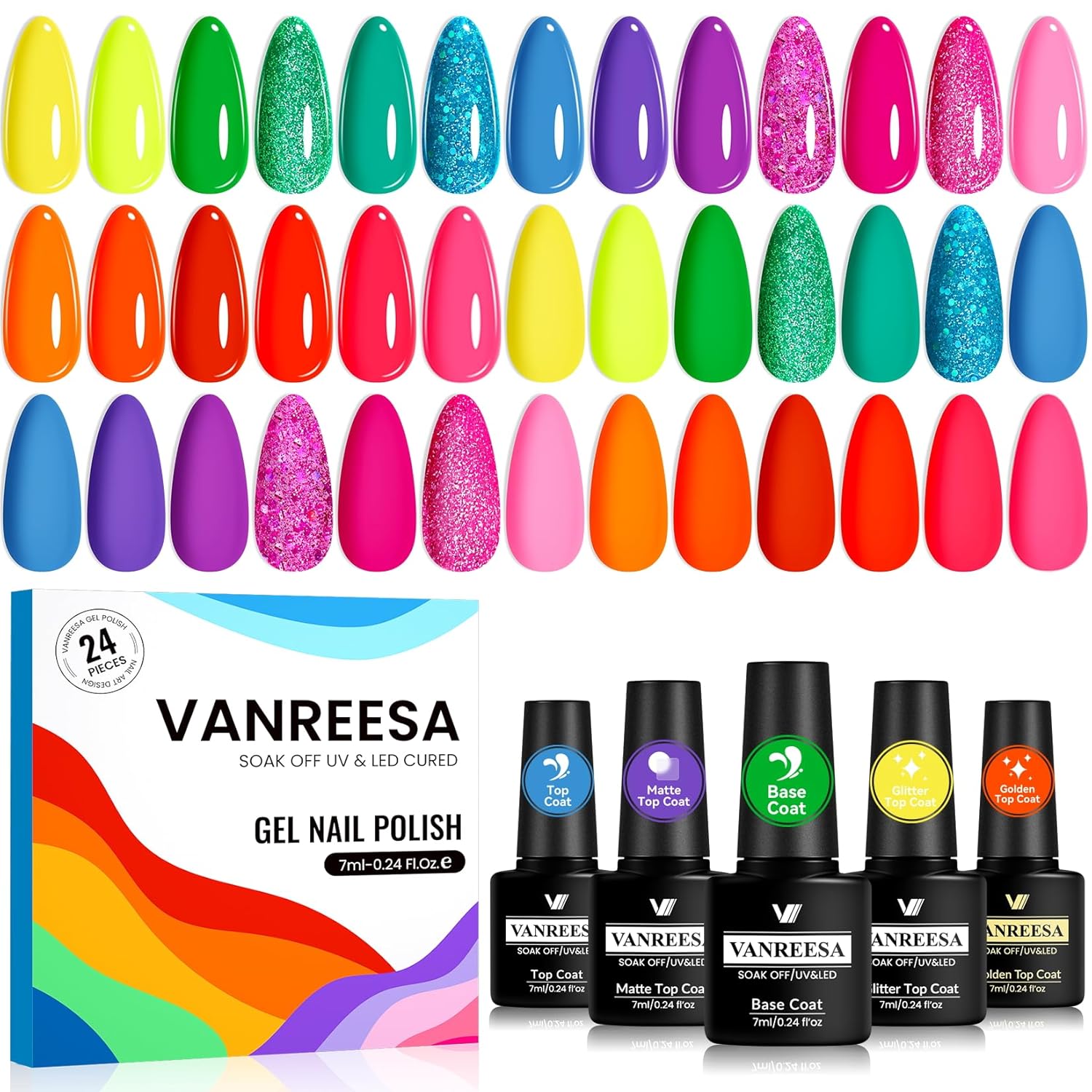 VANREESA 24 Pcs Neon Gel Nail Polish Set -Bright Summer Colors Gel Polish with Base Coat & 4 Effects of Top Coat Bright Yellow Orange Pink Red Green Blue Purple Gel Polish Set Nail Kit Gifts for Women : Beauty & Personal Care