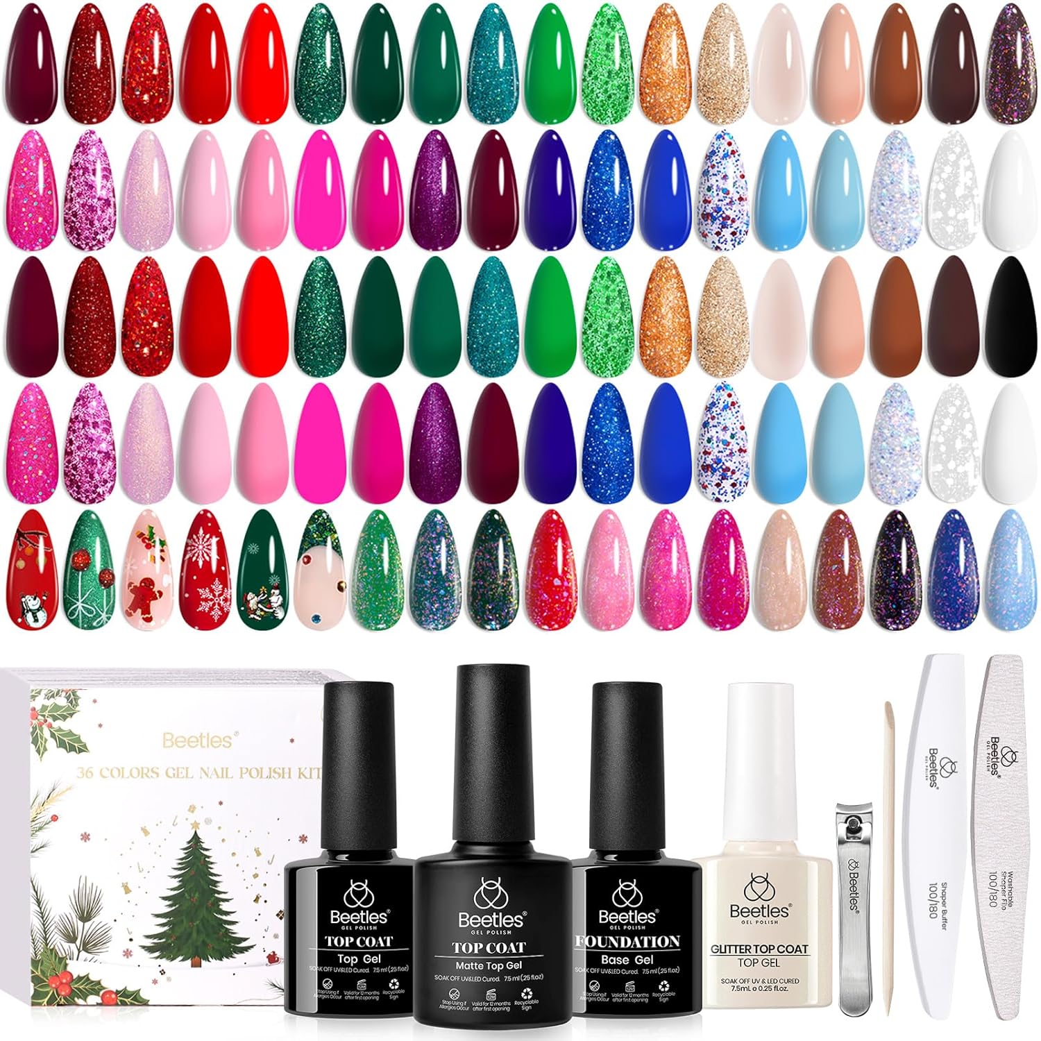 Beetles 44pcs Gel Nail Polish Set - 36 Colors Colorful Muse Gel Polish Kit Pink Nude Red Yellow Green Black White Glitter Nail Kit Base Top Coat UV LED Needed Salon DIY Home Gift for Women : Beauty & Personal Care