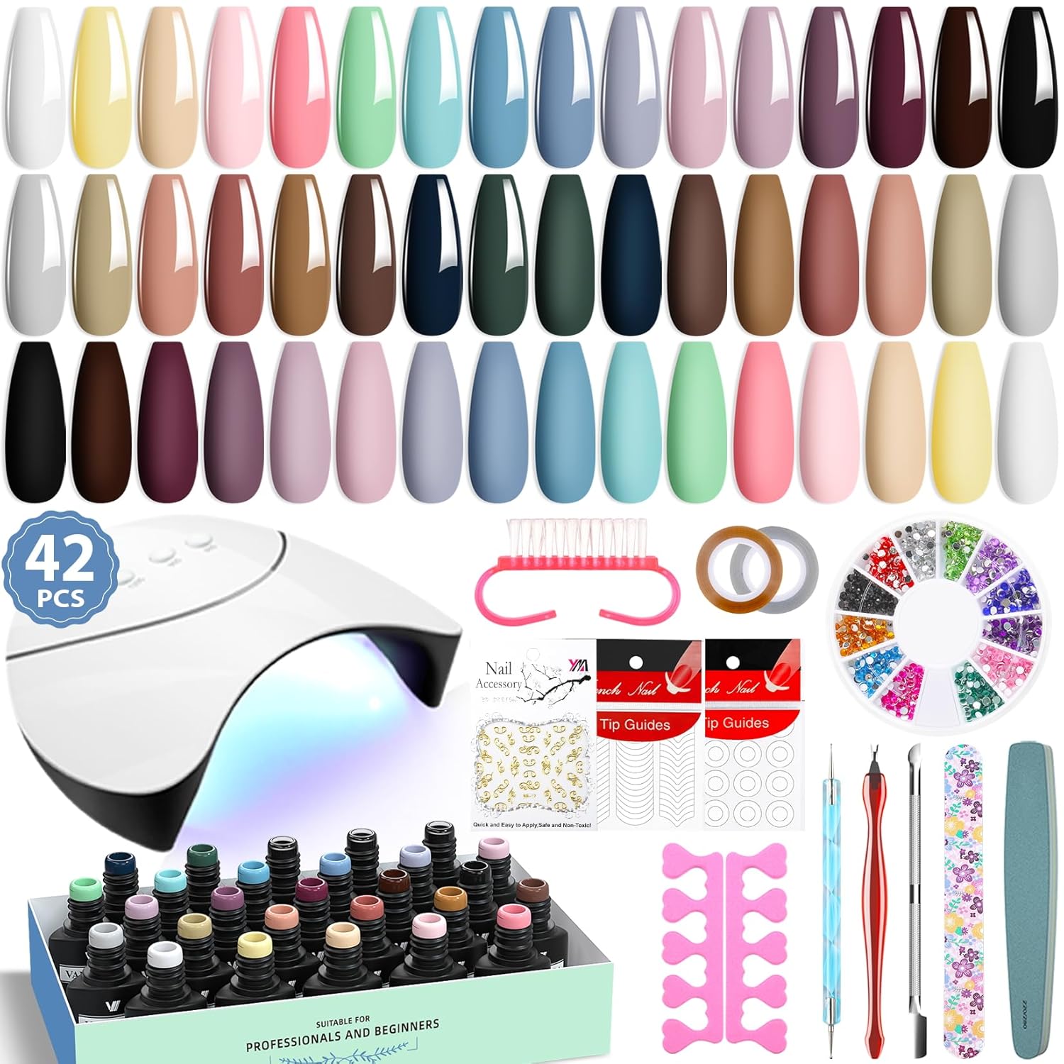 VANREESA 42 Pcs Gel Nail Polish Kit with U V Light 24 Popular Colors Gel Polish Nail Kit Green Blue Purple Pink Orange Complete Nail Kit with Manicure Tools Gifts for Women Girls : Beauty & Personal Care