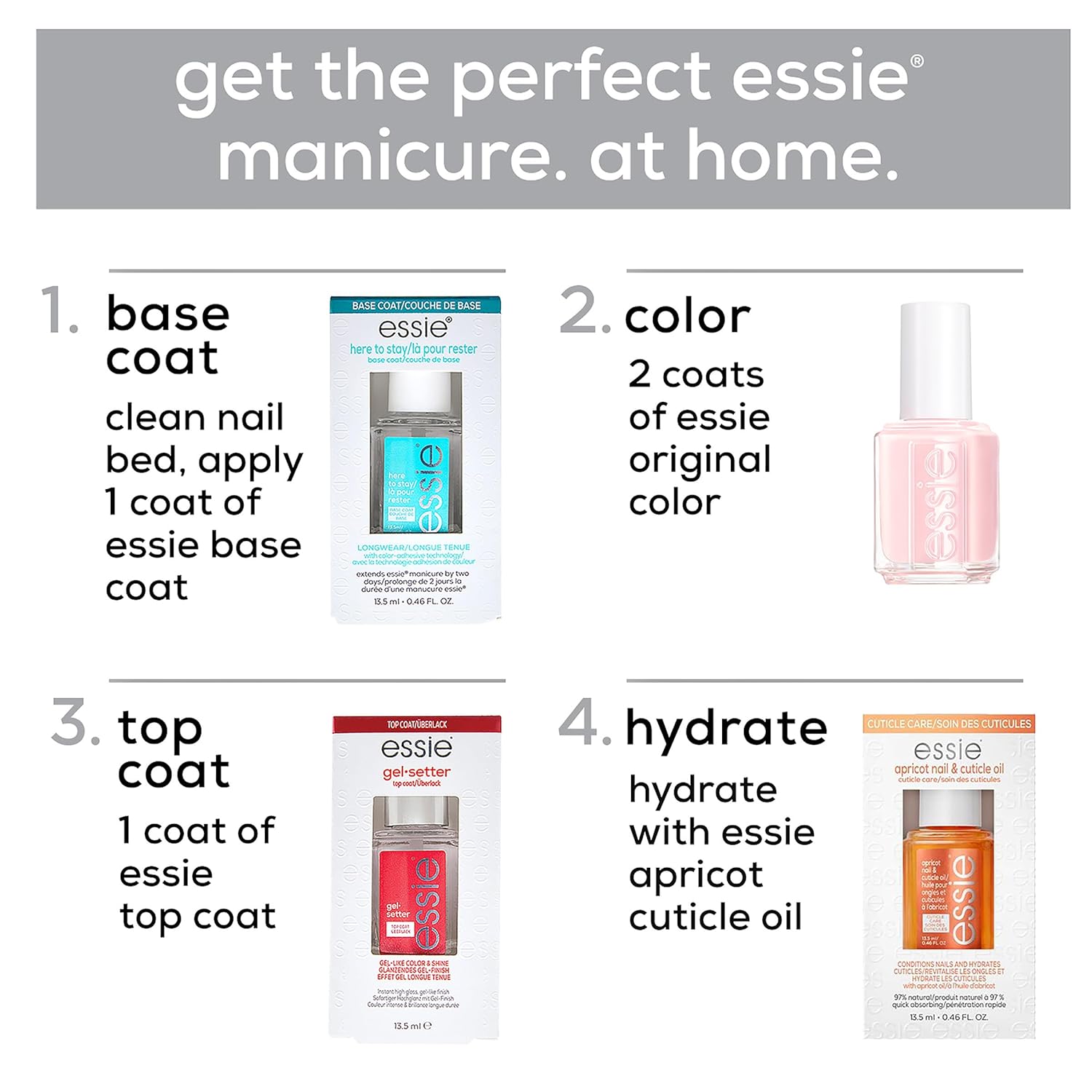 essie All-In-One Base Coat + Top Coat + Strengthener Nail Polish. 0.46 Ounces (Packaging May Vary) : Nail Polish : Beauty & Personal Care