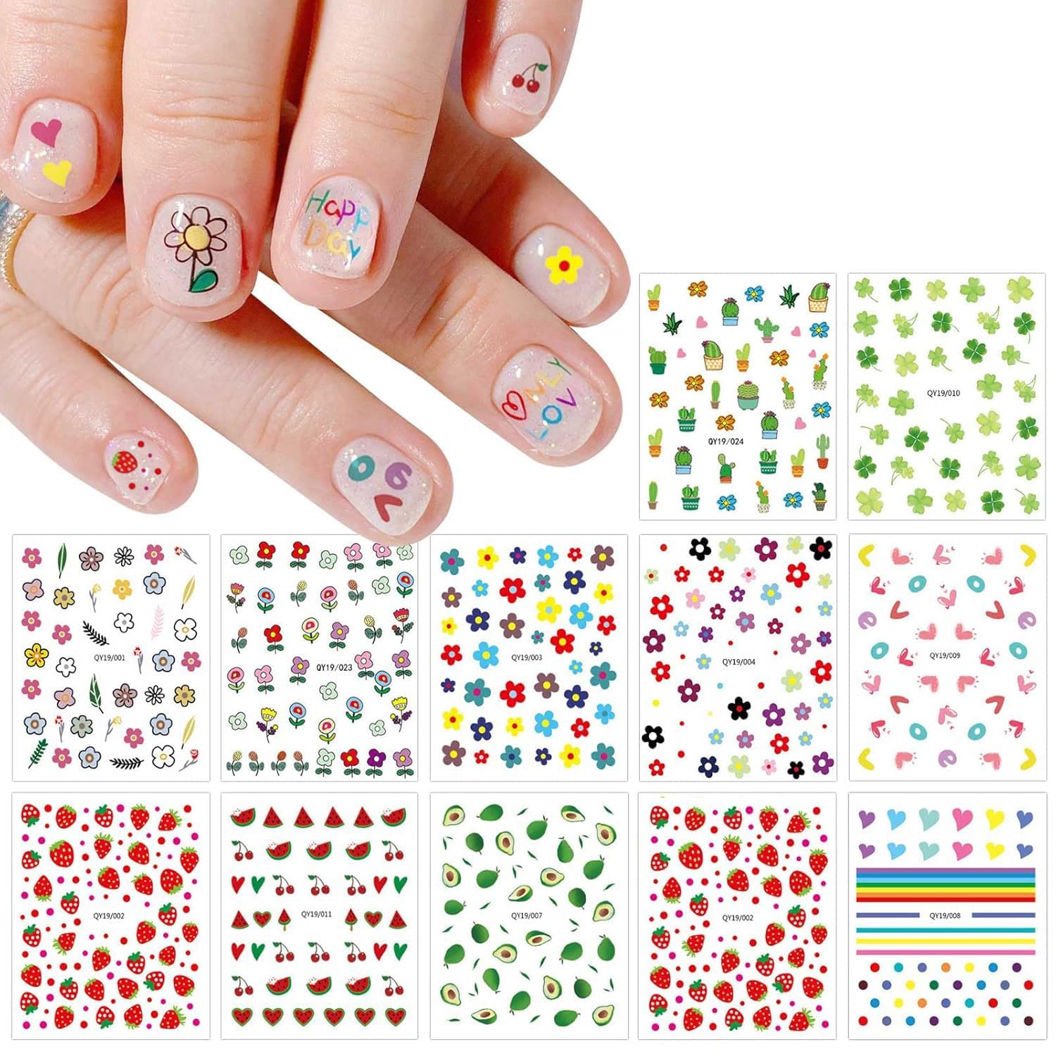 JMEOWIO 14 Sheets Cute Nail Stickers for Kids Nail Art Stickers Decals Self-Adhesive Pegatinas Uñas Rainbow Flower Fruit Nail Supplies Nail Art Design Decoration Accessories : Beauty & Personal Care
