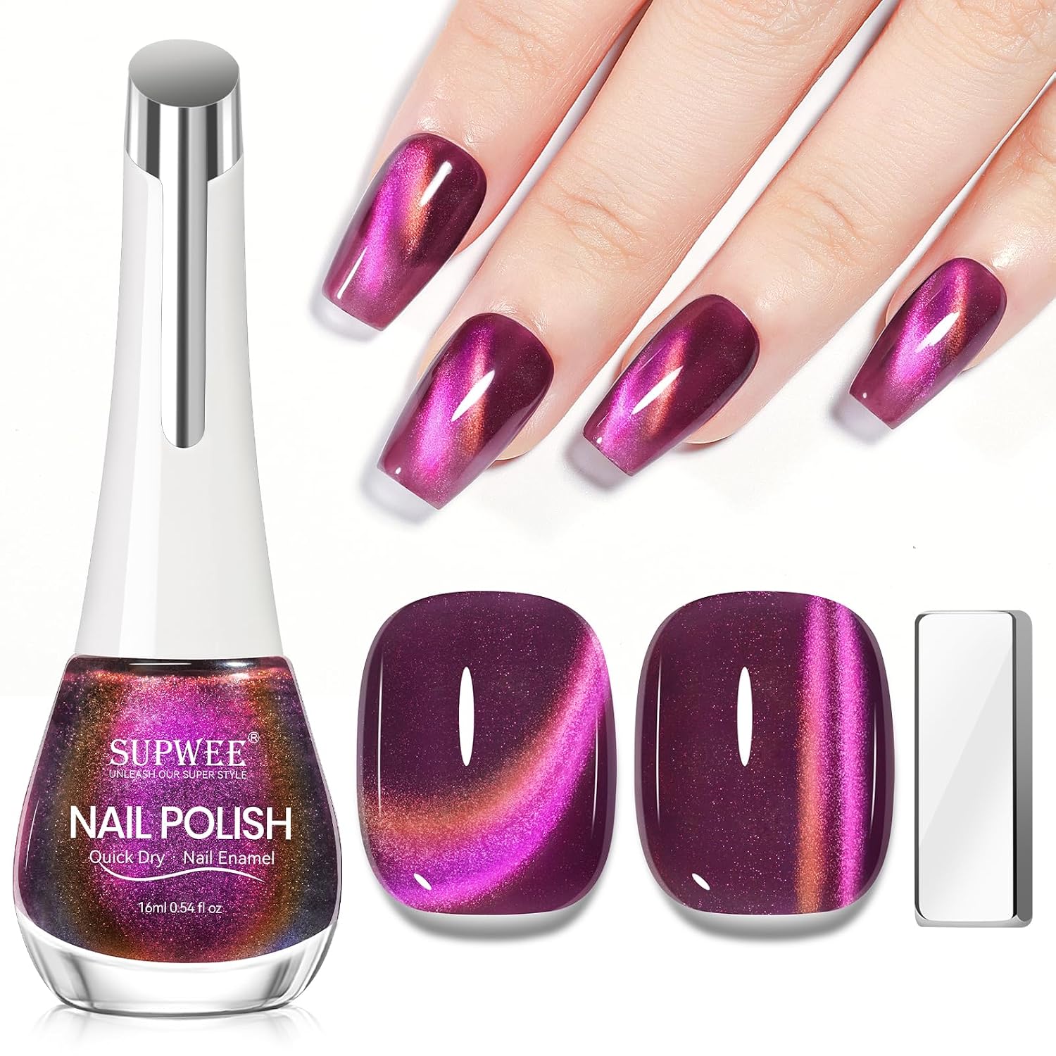 SUPWEE Cat Eye Nail Polish Non Gel with Magnet- Need to Use Black Base. Quick Dry Cateye Magnetic Nail Polish for Fingernail Air Drying Fast Lacquer Manicure Gift For Women Girls 16ml. 0.54fl oz : Beauty & Personal Care