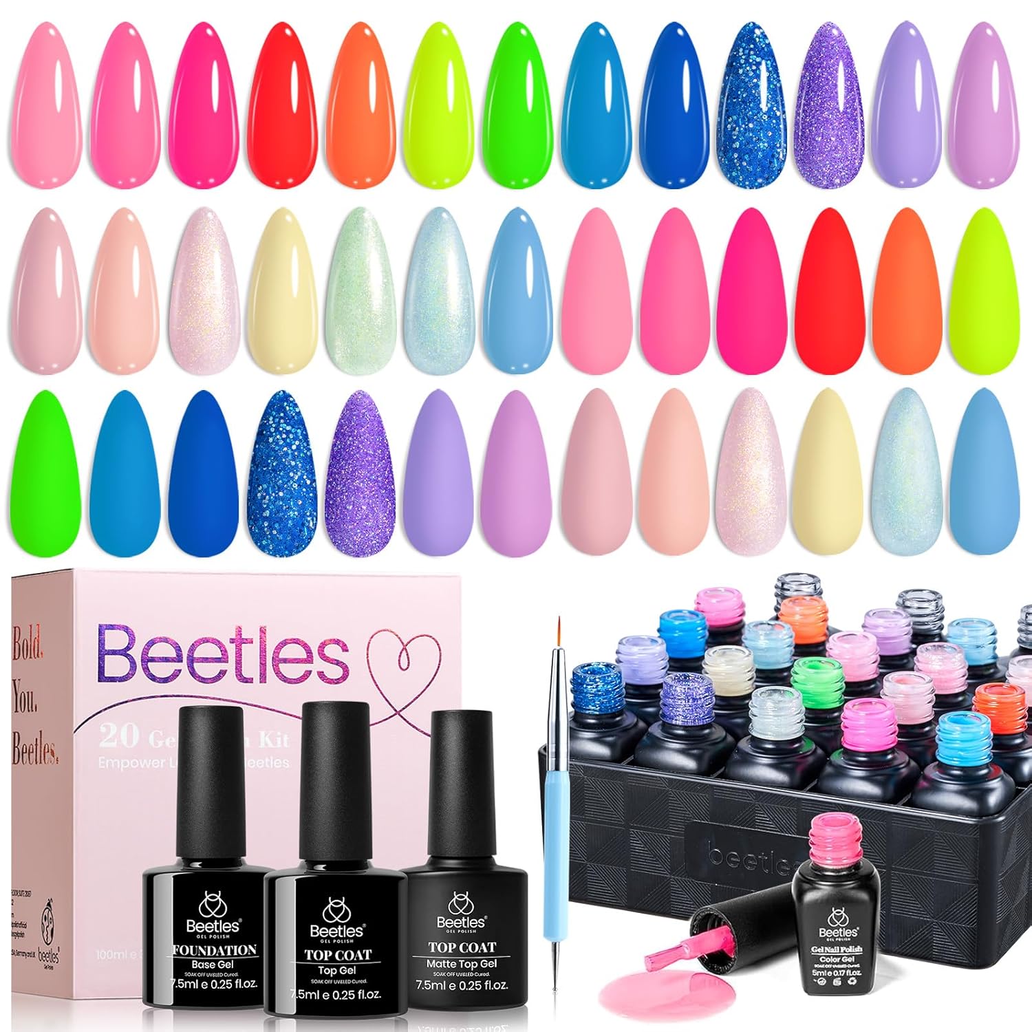 Beetles Summer Gel Polish Set - Rustic Sonata 25 Colors Yellow Orange Blue Pink Bright Gel Polish with Base Coat Glossy & Matte Top Coat DIY Salon Soak Off UV Led Nails 4th of July : Beauty & Personal Care