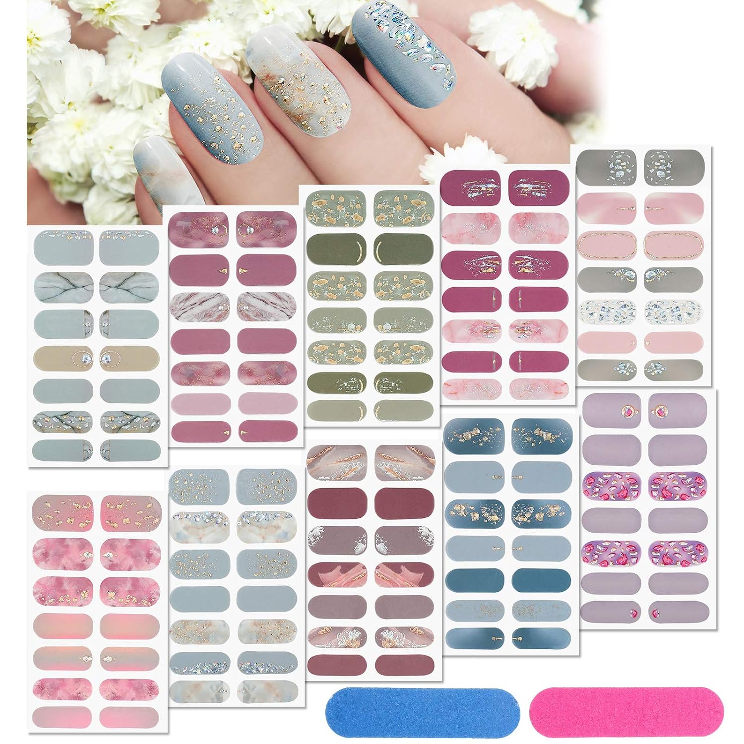 Maitys 140 Pcs 10 Sheets Glitter Full Wrap Nail Stickers for Women UV Free Short Polish Strips with 2 Pcs Nail Files Gradient Stickers Self Adhesive Easy DIY Manicure Decals Strips for Holiday Decor : Beauty & Personal Care