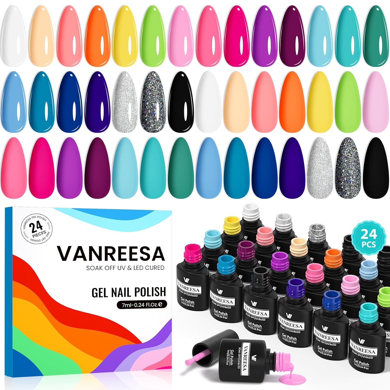 VANREESA 24 Pcs Pastel Gel Nail Polish Set. 21 Colors Spring & Summer Gel Polish with Base Coat Glossy & Matte Top Coat Yellow Green Blue Pink Purple Orange Gel Polish Kit Nail Kit Gifts for Women : Beauty & Personal Care