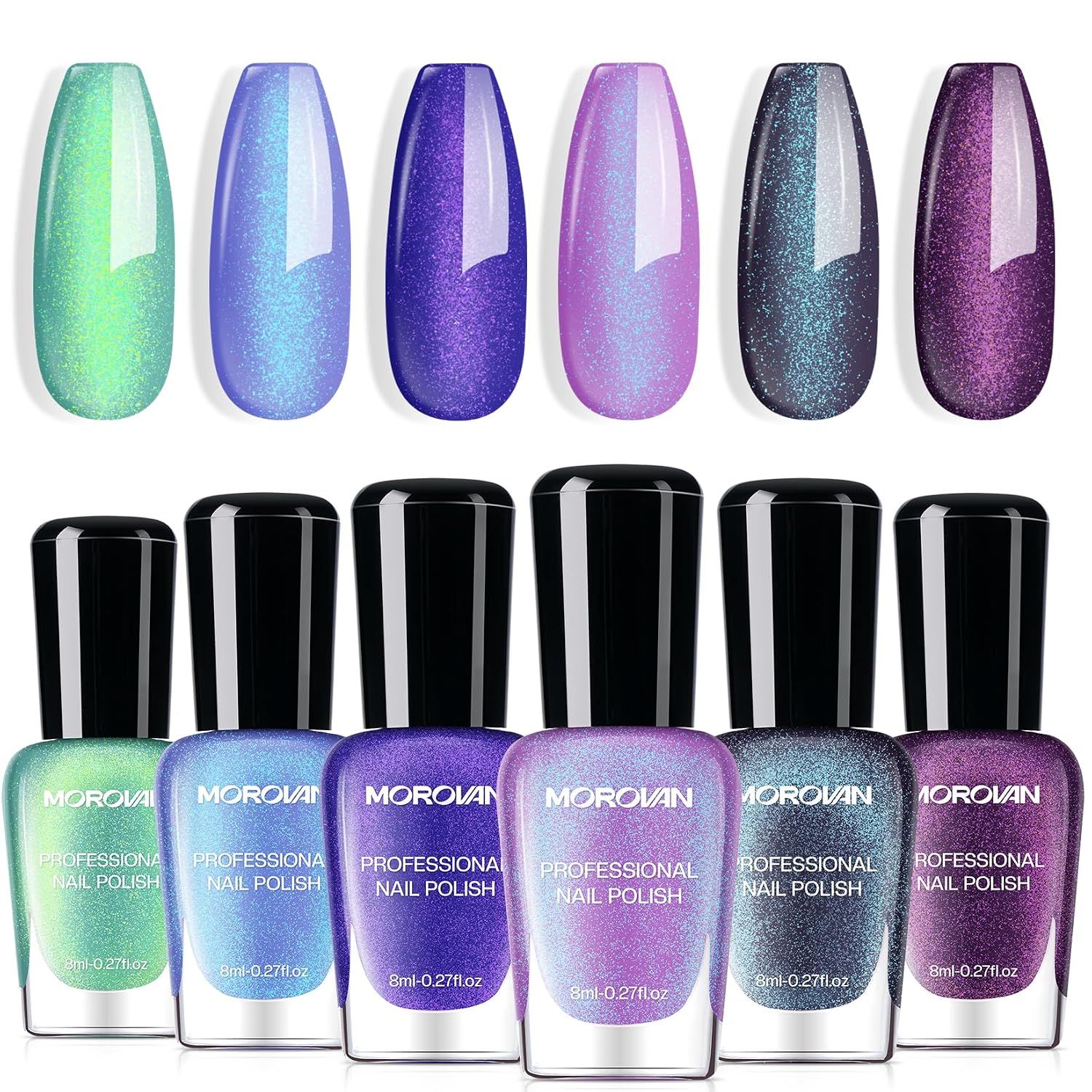 Morovan Chameleon Nail Polish Set: 6 Colors Holographic Quick Dry Mini Nail Lacquer Kit Green Glitter Pink Blue Purple Gray Aurora Shimmer Fall DIY Nail Art Manicure Gift For Women Girls : Beauty & Personal Care