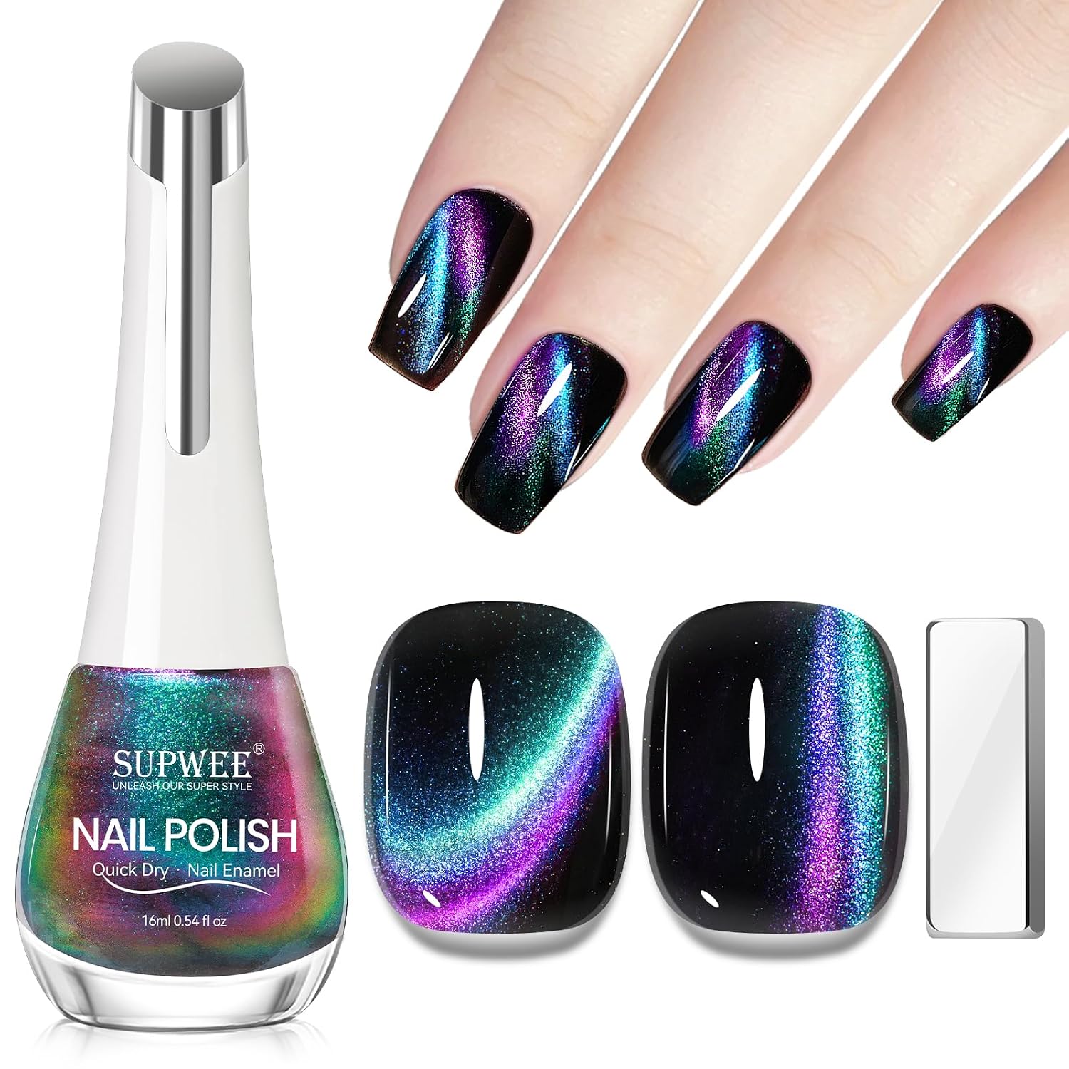 SUPWEE Cat Eye Nail Polish Non Gel with Magnet- Need to Use Black Base. Quick Dry Cateye Magnetic Nail Polish for Fingernail Air Drying Fast Lacquer Manicure Gift For Women Girls 16ml. 0.54fl oz : Beauty & Personal Care
