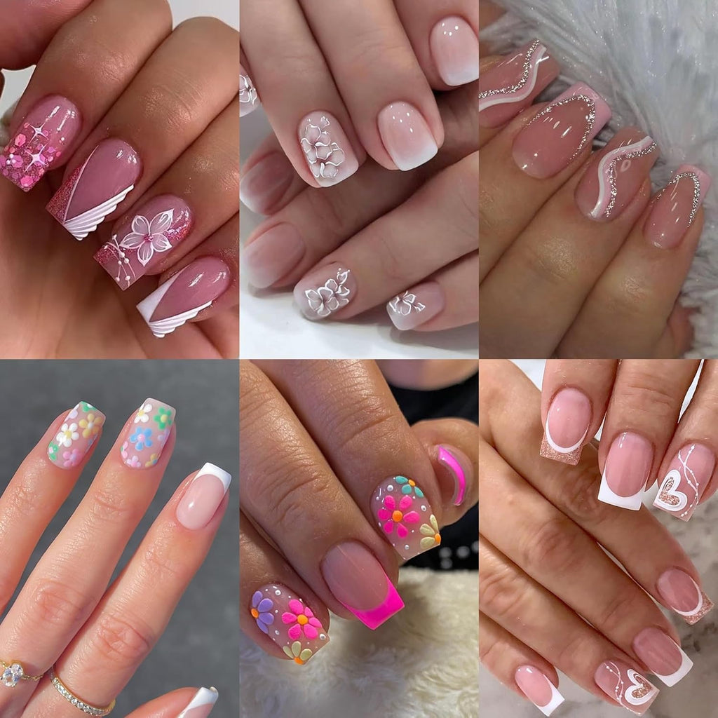 6 Packs (144 Pcs) Press on Nails Square - Short. Medium Nails Press ons - French Tip Fake Nails with Flower Design - for Women 12 Sizes-6 Styles : Beauty & Personal Care