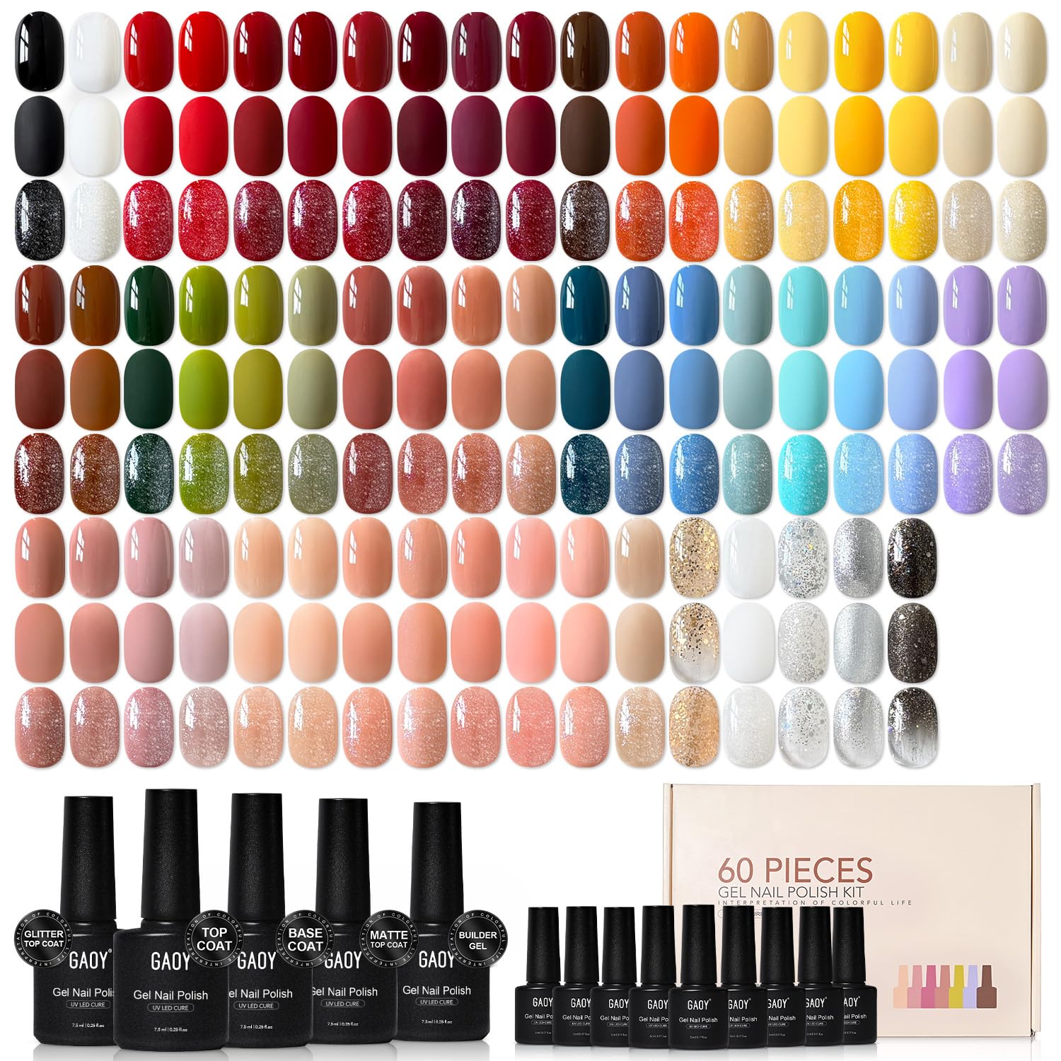 GAOY 60 Pcs Gel Nail Polish Set. 55 Colors All Season Gel Polish Kit Red Nude Black White Pink with 5 Pcs Soak off Base Glossy Matte Glitter Top Coat & Builder for Nail Art DIY Manicure at Home : Beauty & Personal Care
