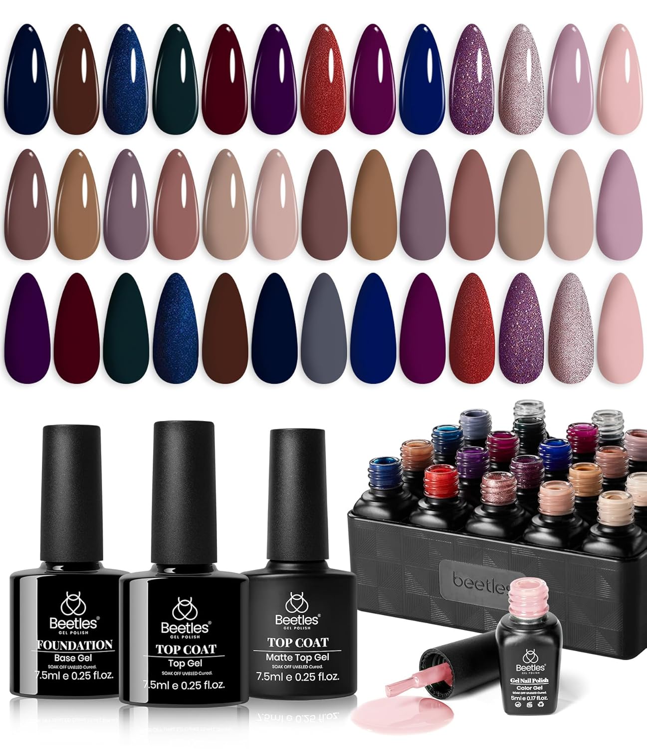 Beetles 44pcs Gel Nail Polish Set - 36 Colors Colorful Muse Gel Polish Kit Pink Nude Red Yellow Green Black White Glitter Nail Kit Base Top Coat UV LED Needed Salon DIY Home Gift for Women : Beauty & Personal Care