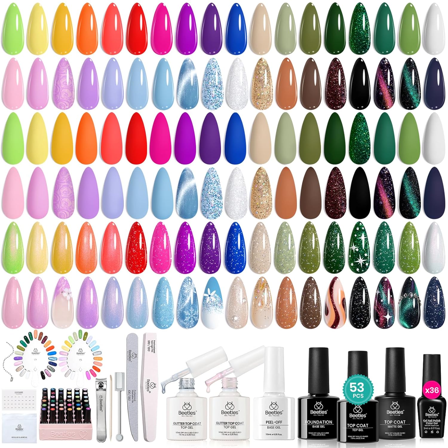 Beetles Summer Gel Polish Set - Fingertip Palette. 32 Colors Polish Set with Base Top Coat Pink Red Blue Purple Brown Yellow Green Black White UV LED Lamp Nails Gifts for Women : Beauty & Personal Care