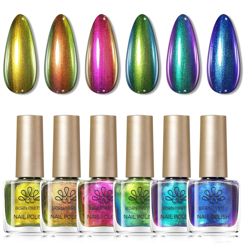 Born Pretty Chameleon Nail Polish Set. 6 Colors Chrome Holographic Metallic Glitter Quick Dry Nail Lacquer Kit Long Lasting DIY Fingernail Art Home Salon Valentines Gifts for Women Girls : Beauty & Personal Care