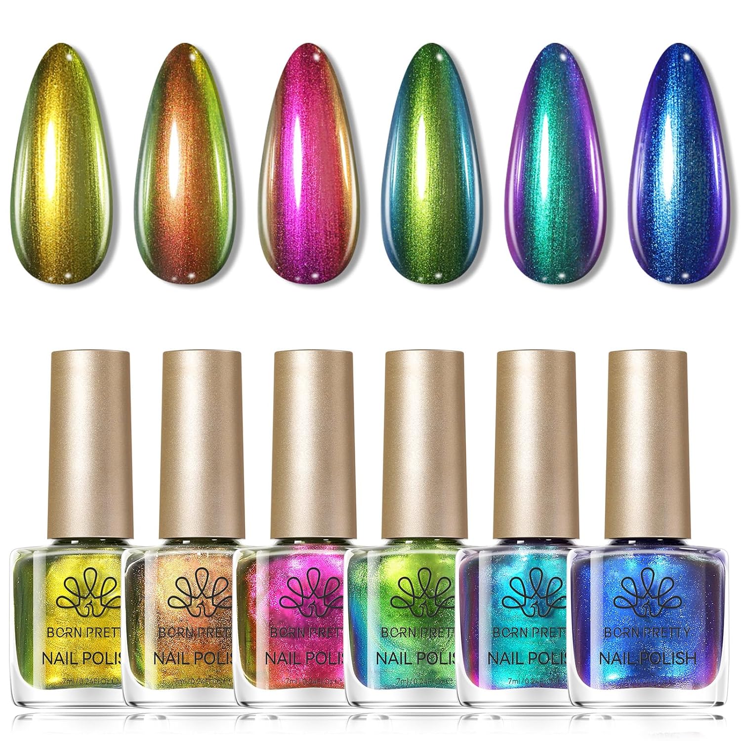 Born Pretty Chameleon Nail Polish Set. 6 Colors Chrome Holographic Metallic Glitter Quick Dry Nail Lacquer Kit Long Lasting DIY Fingernail Art Home Salon Valentines Gifts for Women Girls : Beauty & Personal Care