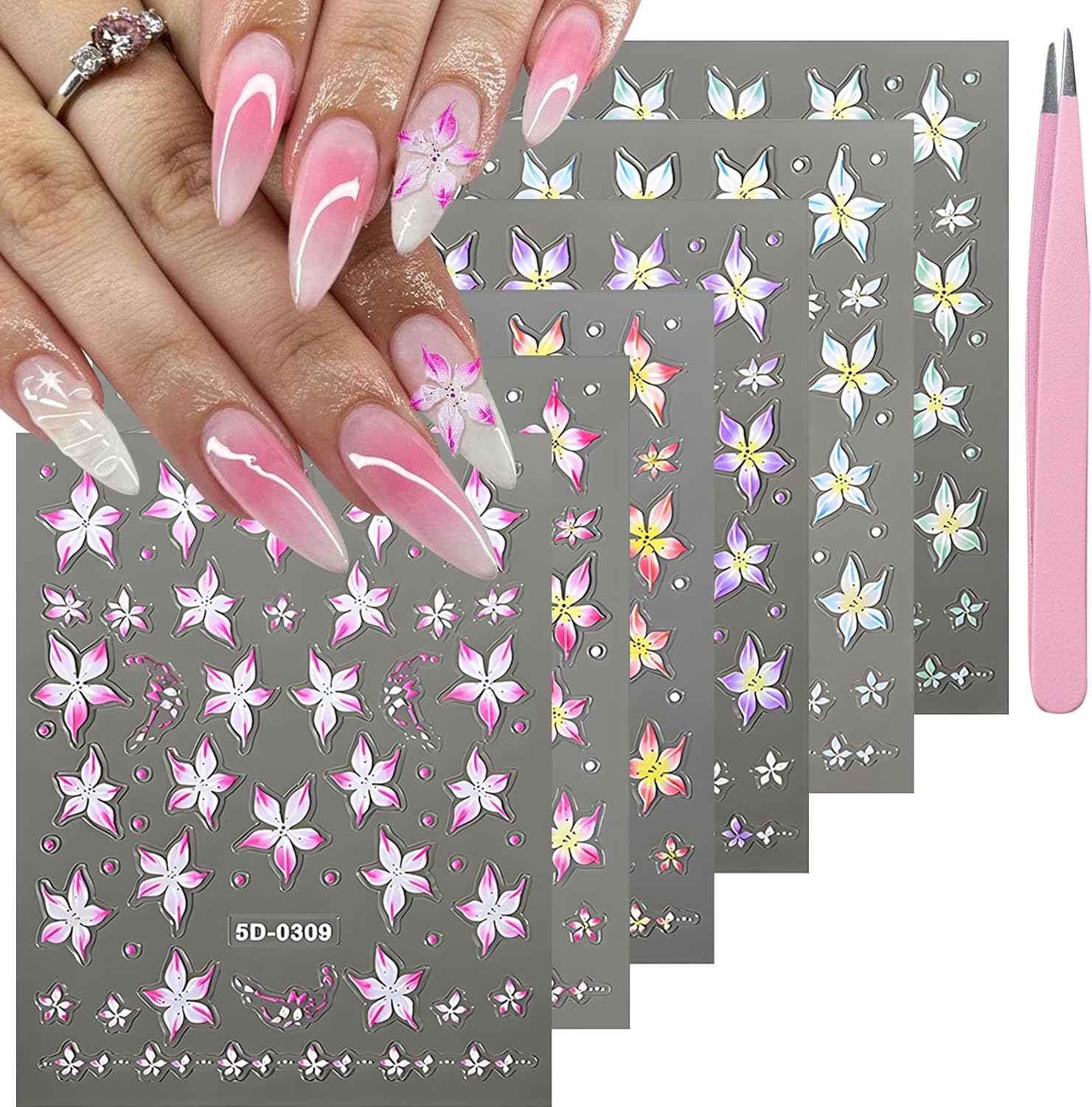 YOSOMMK Nail Art Stickers Decals 5D Embossed Flower Nail Decals Self Adhesive Spring Summer Heart Daisy Nail Supplies 3D Nail Design for Women Nail Decoration Colorful Flower Nail Stickers : Beauty & Personal Care