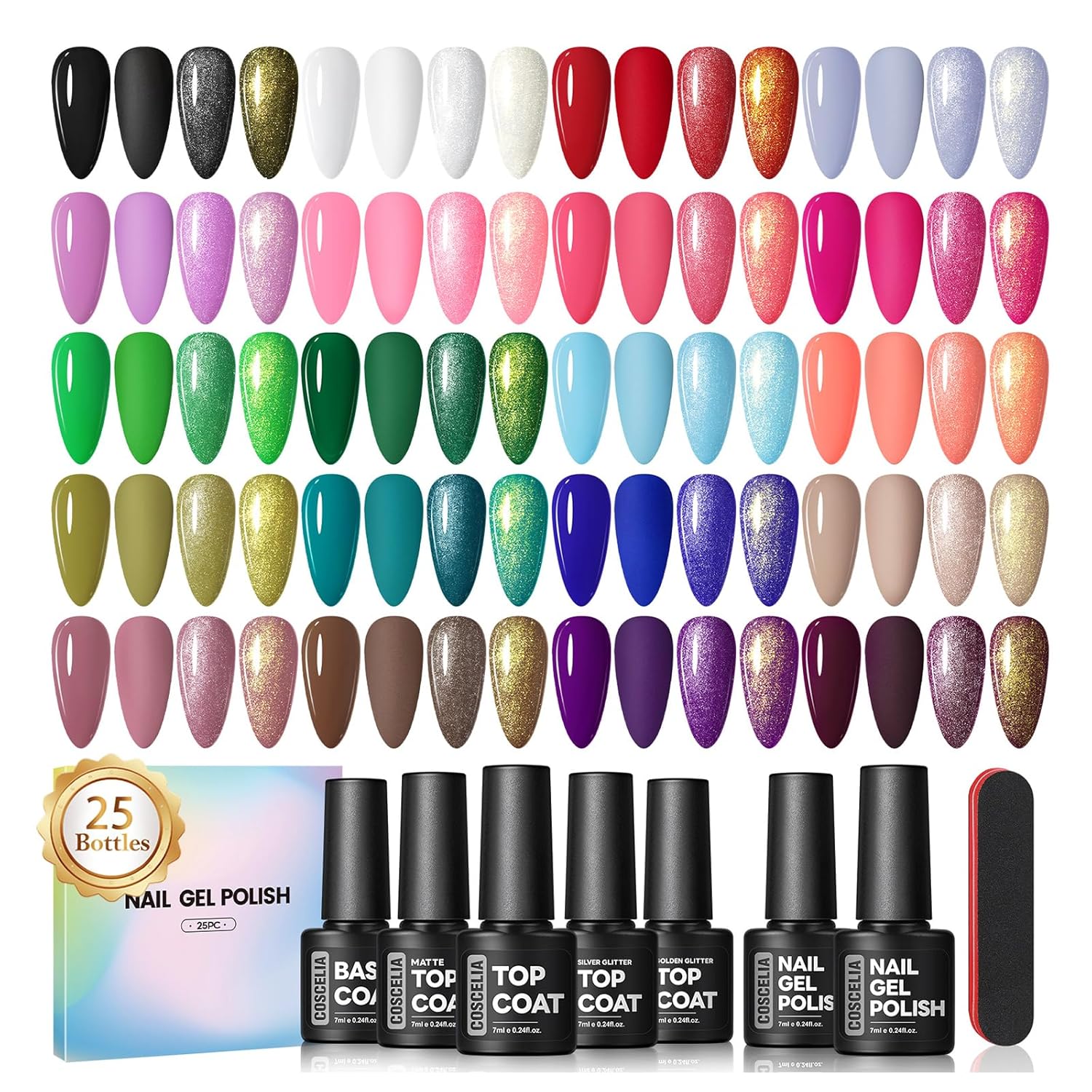 COSCELIA 25PCS Gel Nail Polish Set Spring Summer Colors Gel Nail Polish Soak Off with Glossy Matte Silver Golden Glitter Top Coat Red Brown Black White Green DIY Gifts for Women Girls : Beauty & Personal Care
