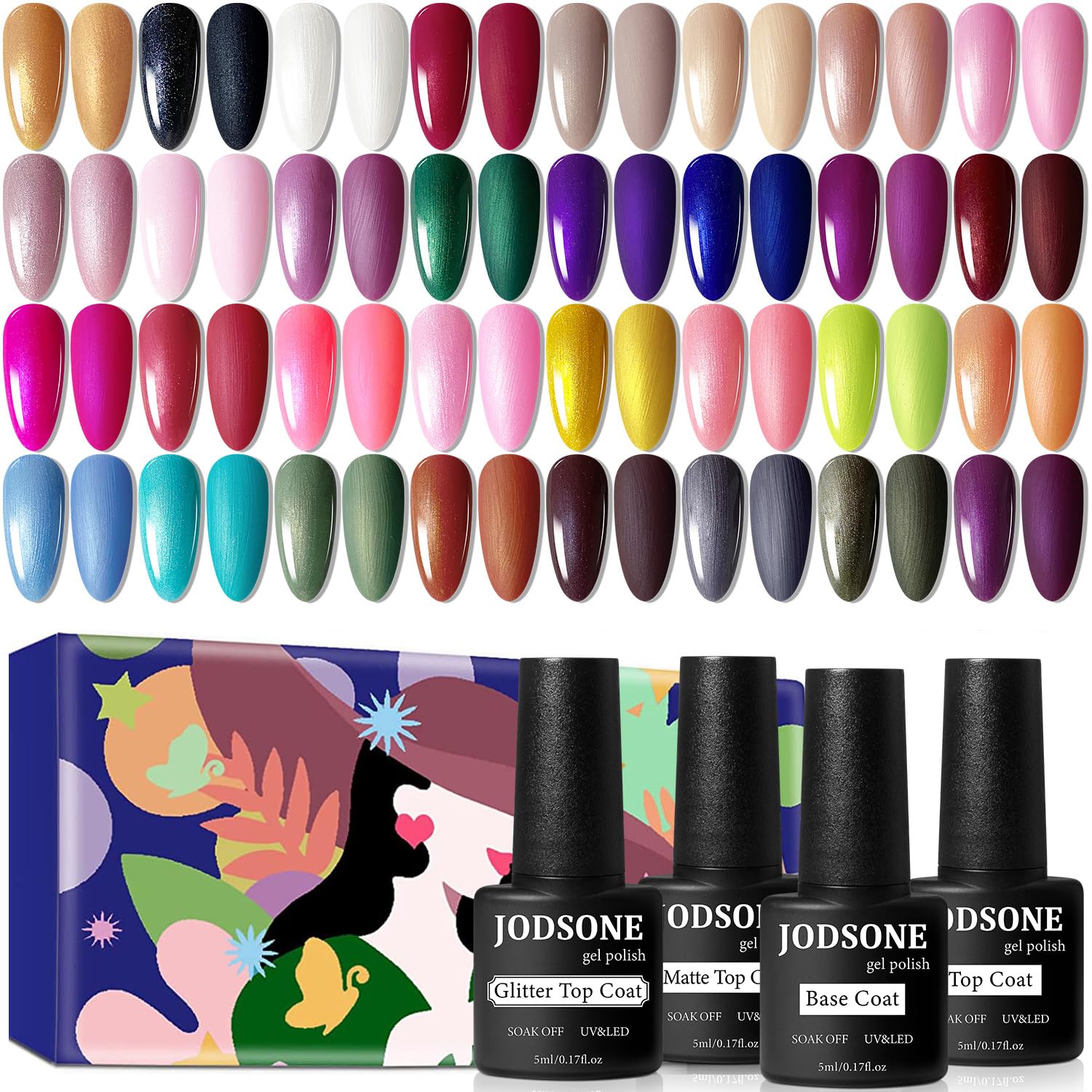 JODSONE Gel Nail Polish Kit 60 PCS with U V Light Soak off Base Top Coat 55 Shine Colors Gel Nail Kit Bright and Dark Brown Wine Red Series Manicure Set for Women and Girls : Beauty & Personal Care