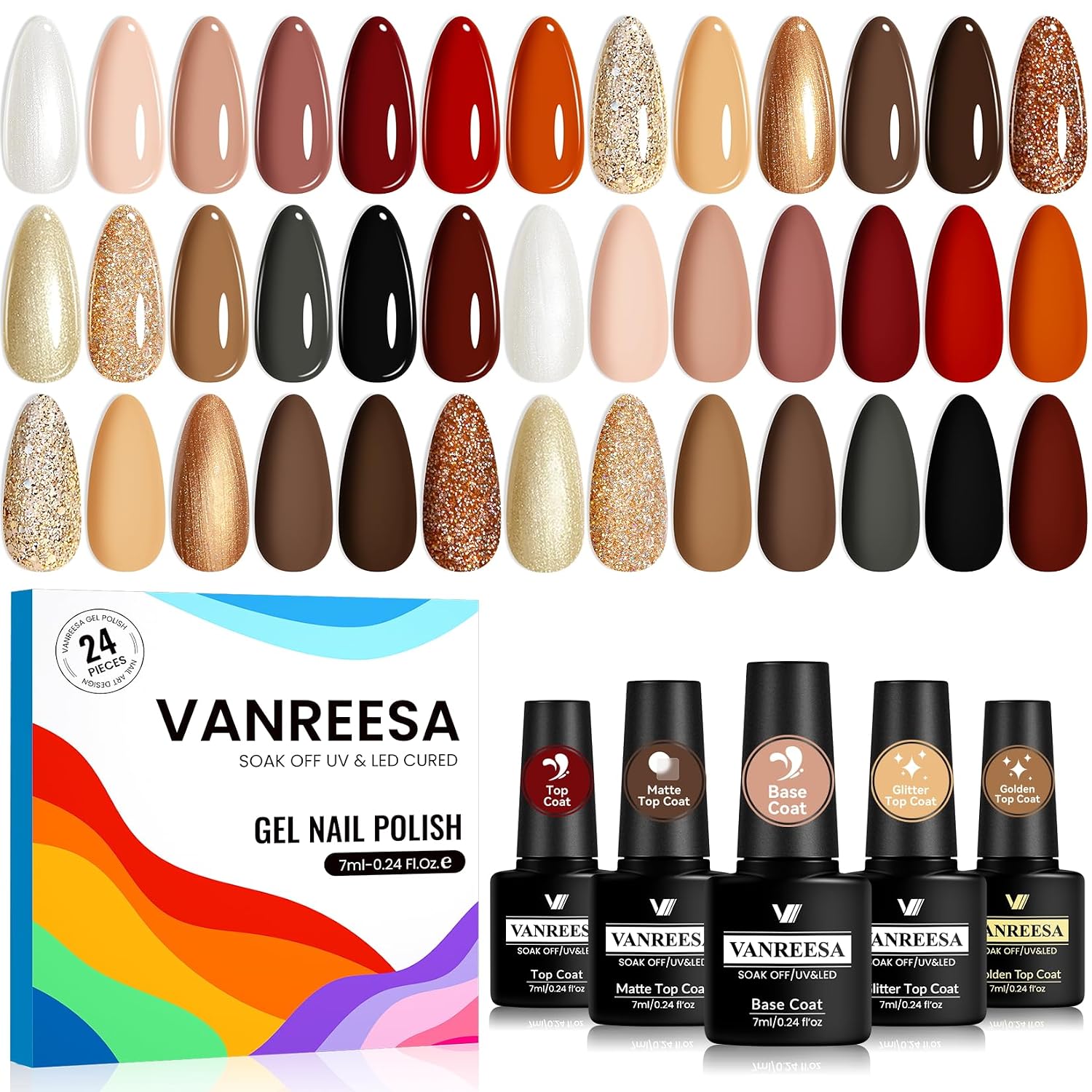 VANREESA 24 Pcs Neon Gel Nail Polish Set -Bright Summer Colors Gel Polish with Base Coat & 4 Effects of Top Coat Bright Yellow Orange Pink Red Green Blue Purple Gel Polish Set Nail Kit Gifts for Women : Beauty & Personal Care