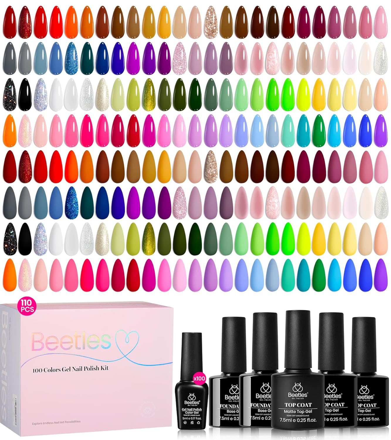 Beetles 44pcs Gel Nail Polish Set - 36 Colors Colorful Muse Gel Polish Kit Pink Nude Red Yellow Green Black White Glitter Nail Kit Base Top Coat UV LED Needed Salon DIY Home Gift for Women : Beauty & Personal Care