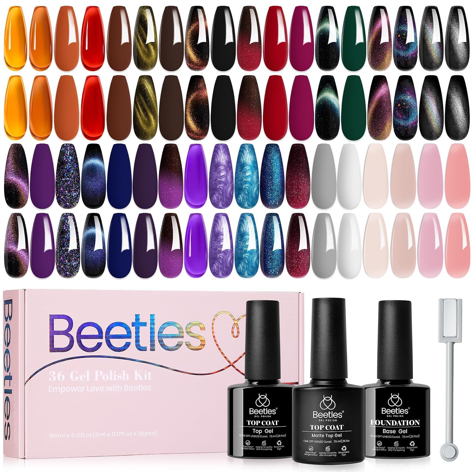 Beetles 44pcs Gel Nail Polish Set - 36 Colors Colorful Muse Gel Polish Kit Pink Nude Red Yellow Green Black White Glitter Nail Kit Base Top Coat UV LED Needed Salon DIY Home Gift for Women : Beauty & Personal Care