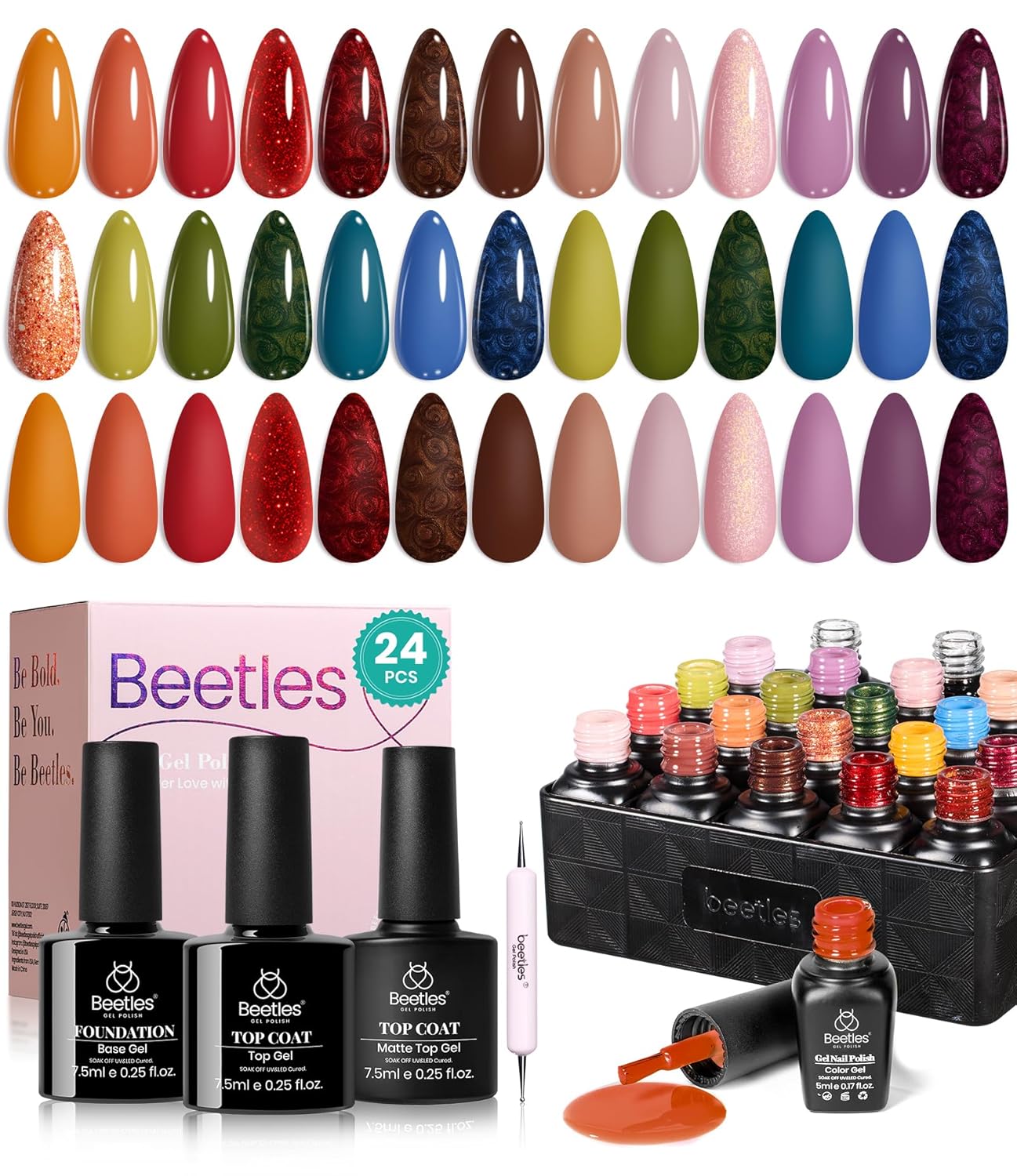 Beetles 44pcs Gel Nail Polish Set - 36 Colors Colorful Muse Gel Polish Kit Pink Nude Red Yellow Green Black White Glitter Nail Kit Base Top Coat UV LED Needed Salon DIY Home Gift for Women : Beauty & Personal Care