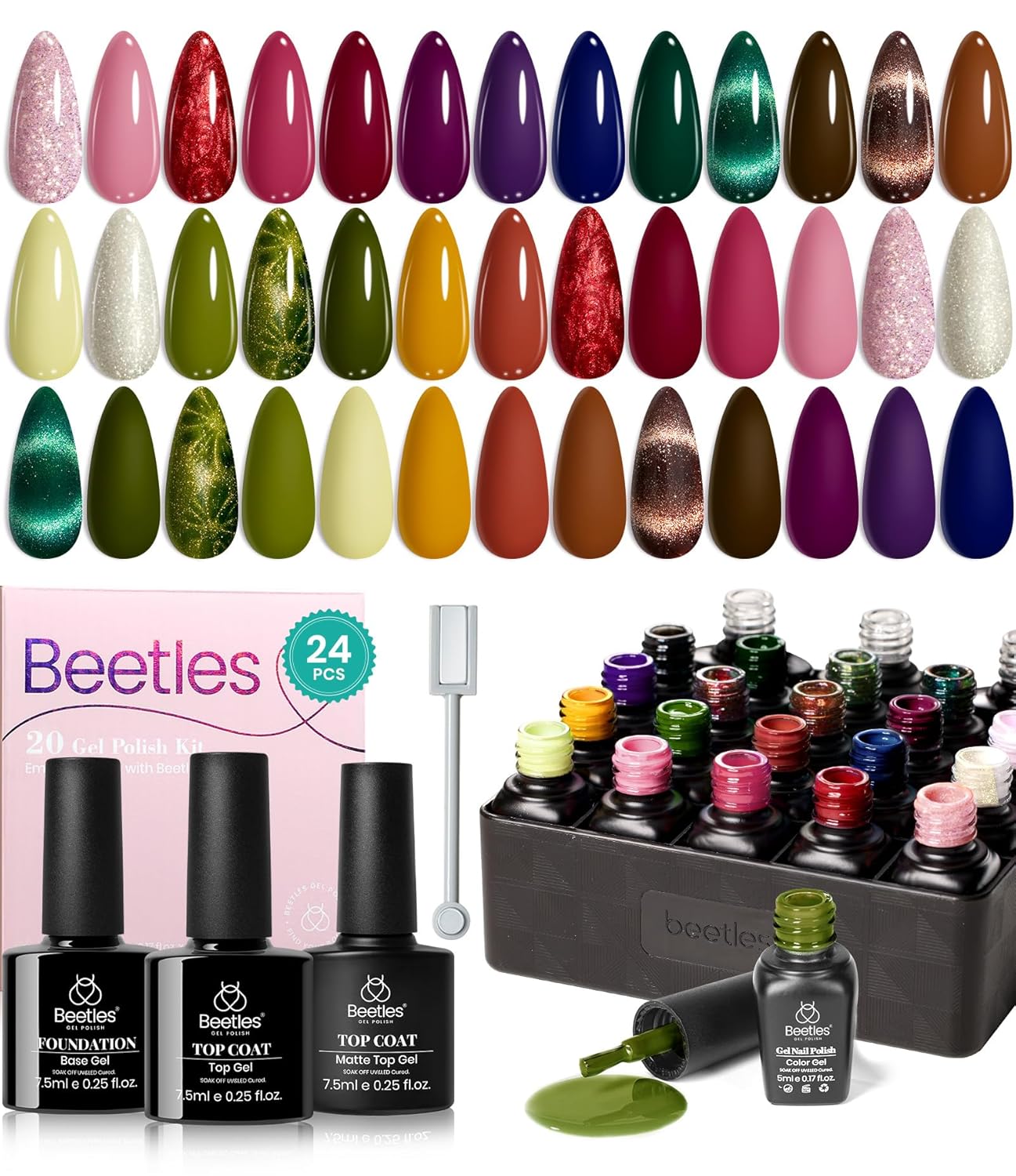 Beetles 44pcs Gel Nail Polish Set - 36 Colors Colorful Muse Gel Polish Kit Pink Nude Red Yellow Green Black White Glitter Nail Kit Base Top Coat UV LED Needed Salon DIY Home Gift for Women : Beauty & Personal Care
