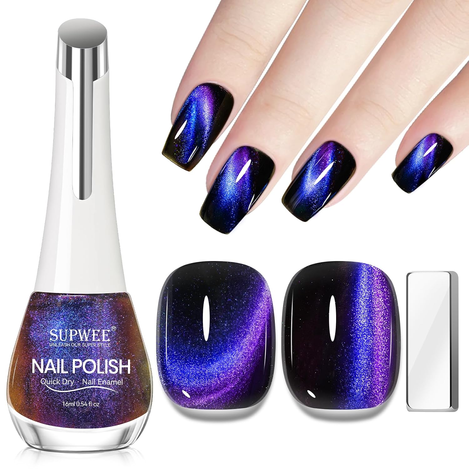 SUPWEE Cat Eye Nail Polish Non Gel with Magnet- Need to Use Black Base. Quick Dry Cateye Magnetic Nail Polish for Fingernail Air Drying Fast Lacquer Manicure Gift For Women Girls 16ml. 0.54fl oz : Beauty & Personal Care