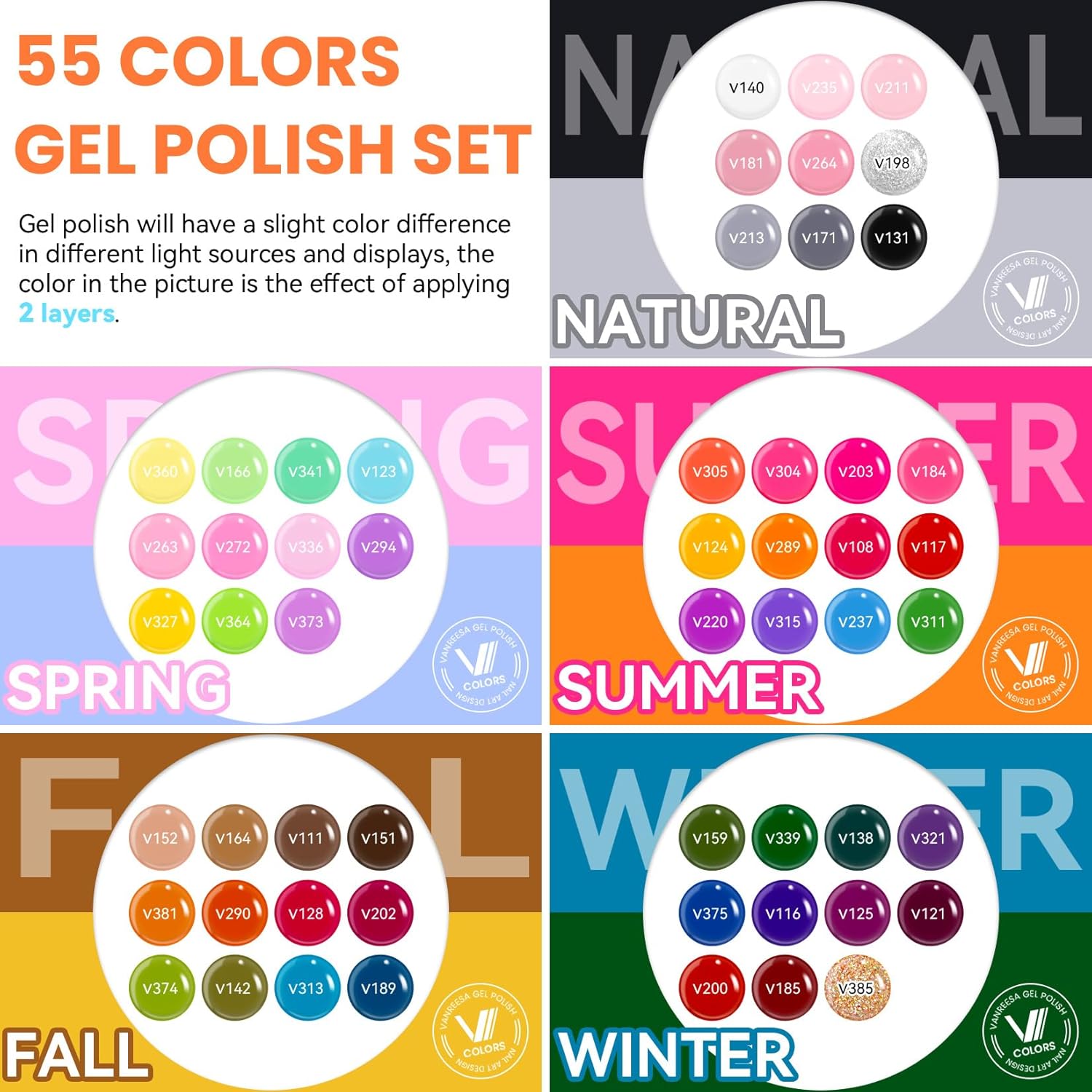 VANREESA 60 Pcs Gel Nail Polish Set. 55 Colors Gel Polish with Base Coat & 4 Effects Top Coat Full-Color Nail Polish Set All Seasons Nail Kit Gifts for Women Girls Nail Salon at Home : Beauty & Personal Care