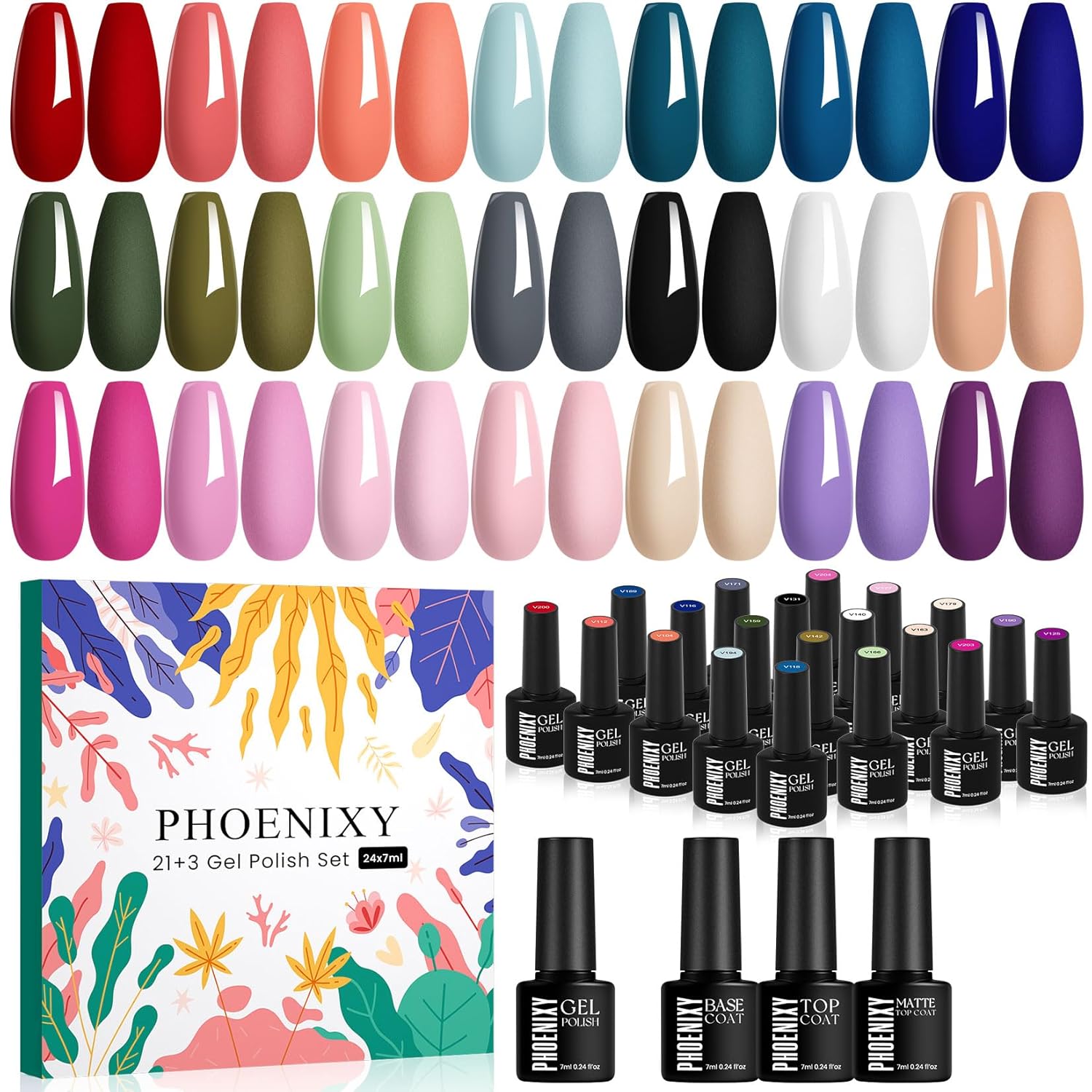 PHOENIXY 24 PCS Gel Nail Polish Set. 21 Colors Gel Nail Polish Kit with Base Glossy Matte Top Coat Black Gray Red Valentine Nail Kit Gifts for Women : Beauty & Personal Care