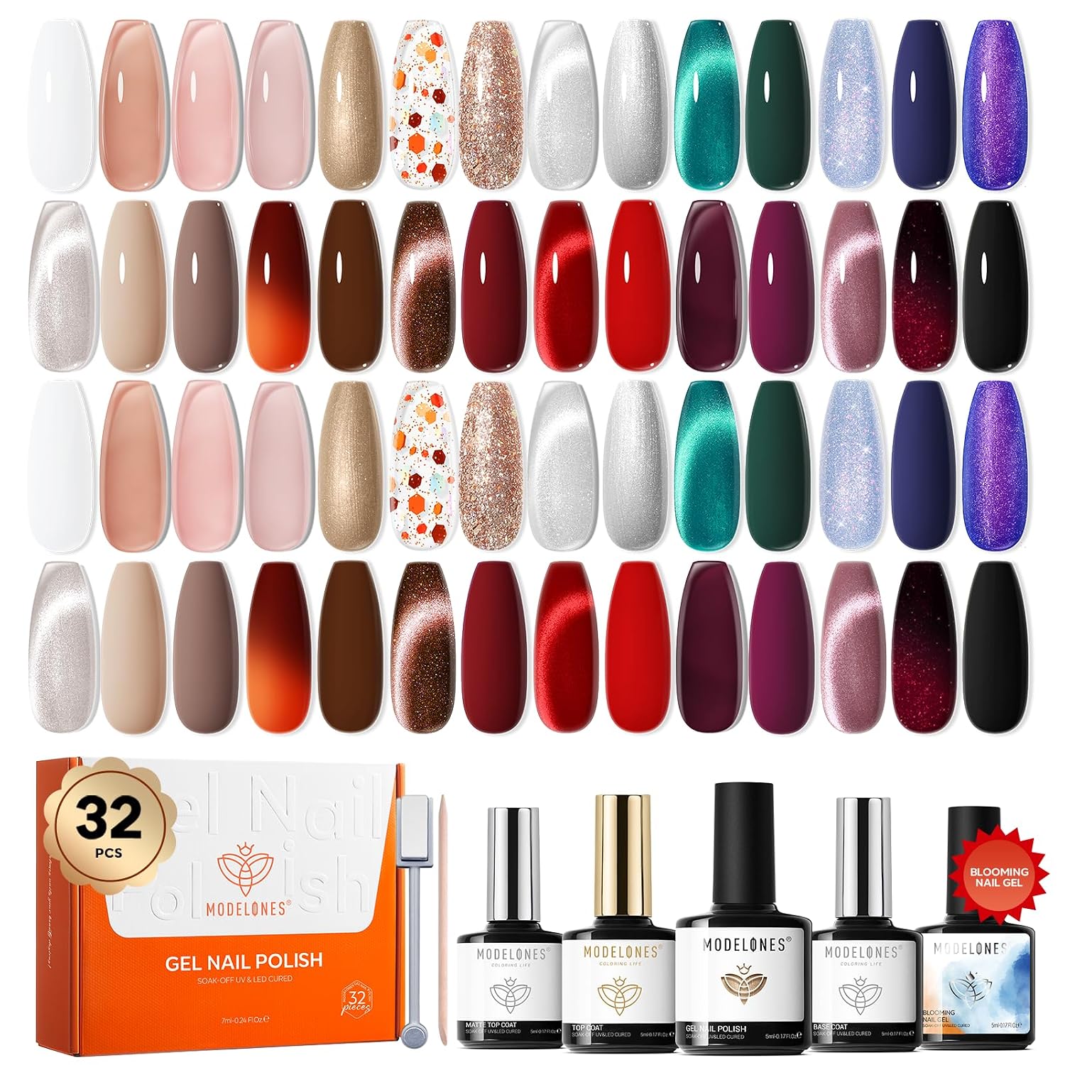 modelones 32 PCS Gel Nail Polish Set. 28 Colors Gel Polish with No Wipe Base Coat. Glitter & Glossy & Matte Top Coat Black Brown Red Purple Soak Off LED Nail Art Kit Salon at Home : Beauty & Personal Care