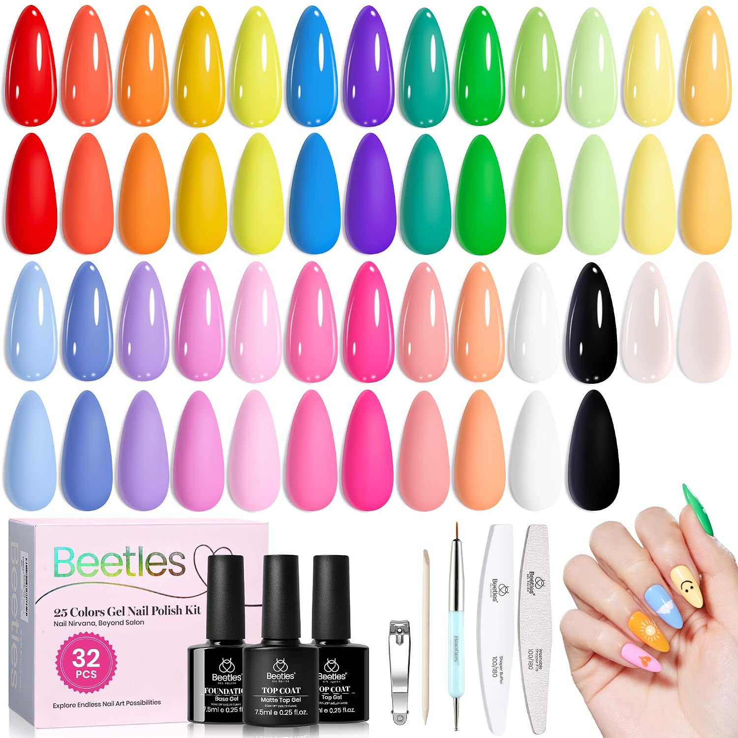 Beetles Summer Gel Polish Set - 36 Colors Bright Neon Gel Nail Polish Pink Orange Red Green Blue 4th of July Nail Polish with 4Pcs Base Top Coat Soak Off Colorful Collection UV Nail Gel : Beauty & Personal Care