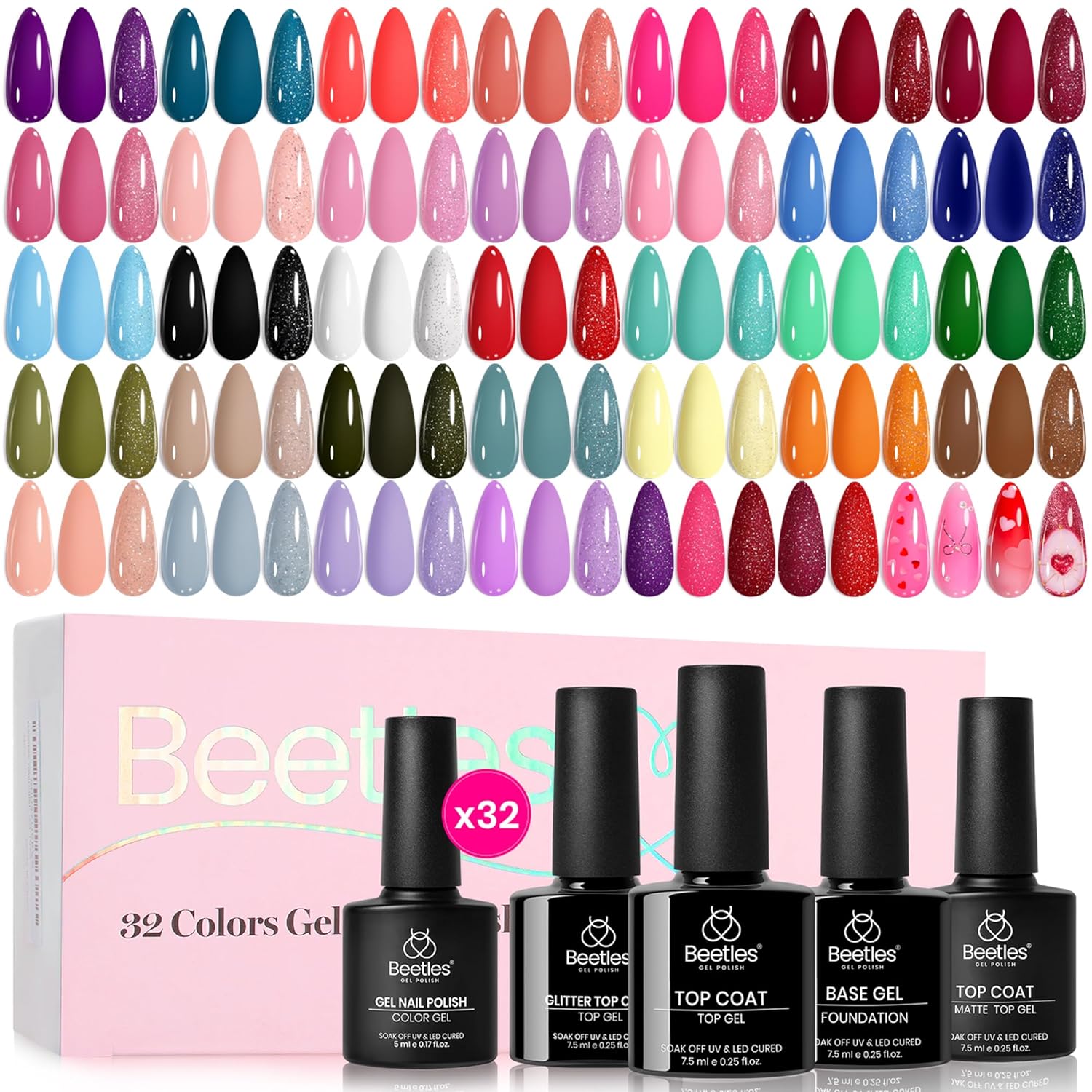Beetles Summer Gel Polish Set - Fingertip Palette. 32 Colors Polish Set with Base Top Coat Pink Red Blue Purple Brown Yellow Green Black White UV LED Lamp Nails Gifts for Women : Beauty & Personal Care