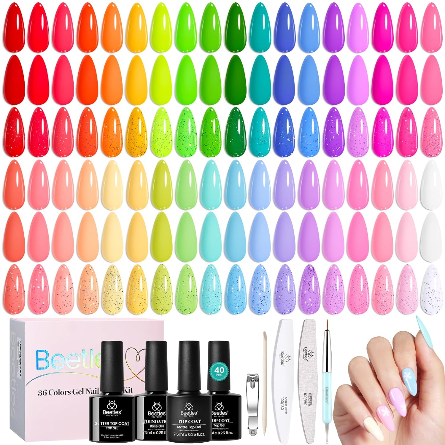 Beetles 44pcs Gel Nail Polish Set - 36 Colors Colorful Muse Gel Polish Kit Pink Nude Red Yellow Green Black White Glitter Nail Kit Base Top Coat UV LED Needed Salon DIY Home Gift for Women : Beauty & Personal Care