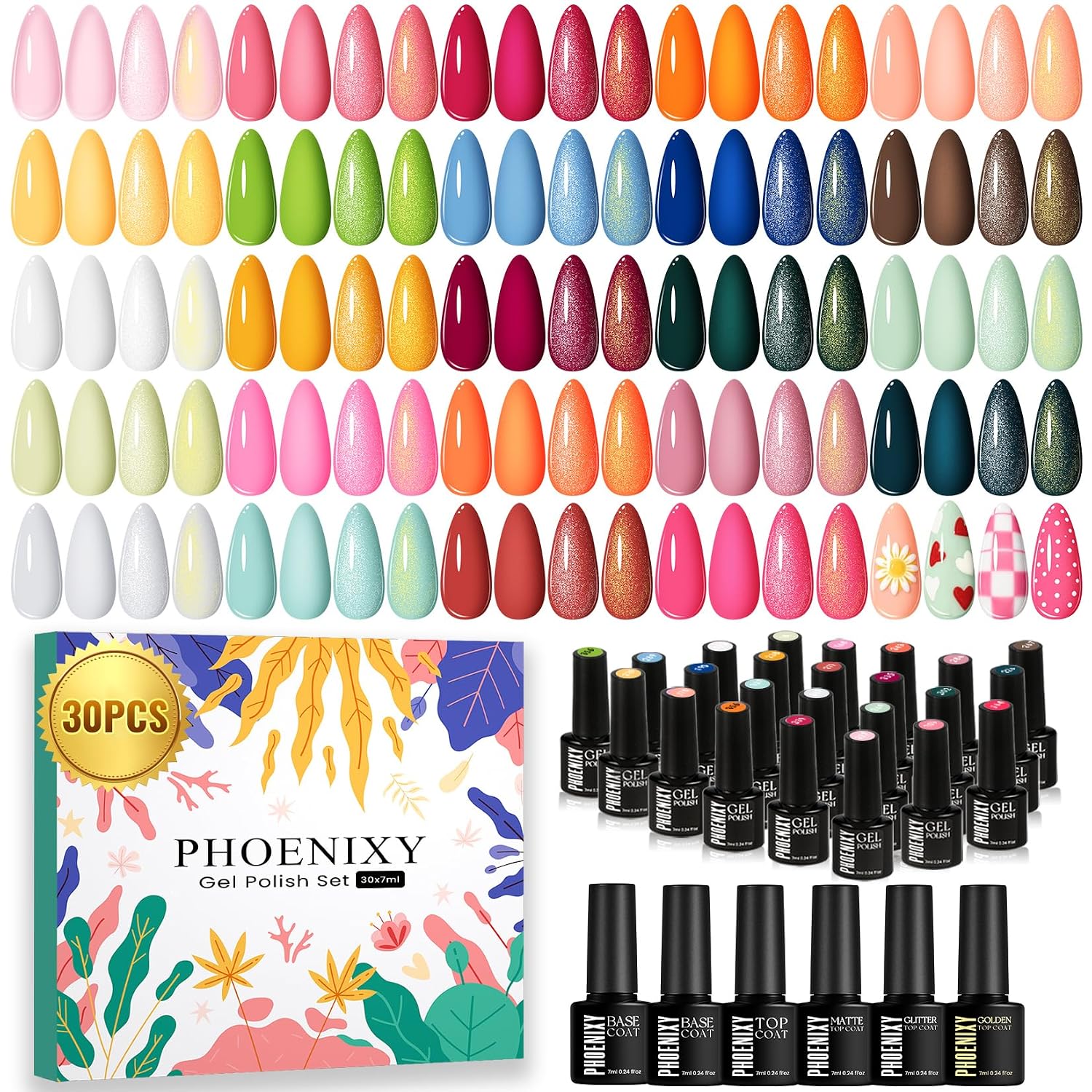 phoenixy 30 PCS Gel Nail Polish. 24 Colors Soak Off Gel Nail Polish Set Pink Blue with Base Matte Glossy Glitter Top Coat Home Manicure Art Beginners Gift for Women : Beauty & Personal Care