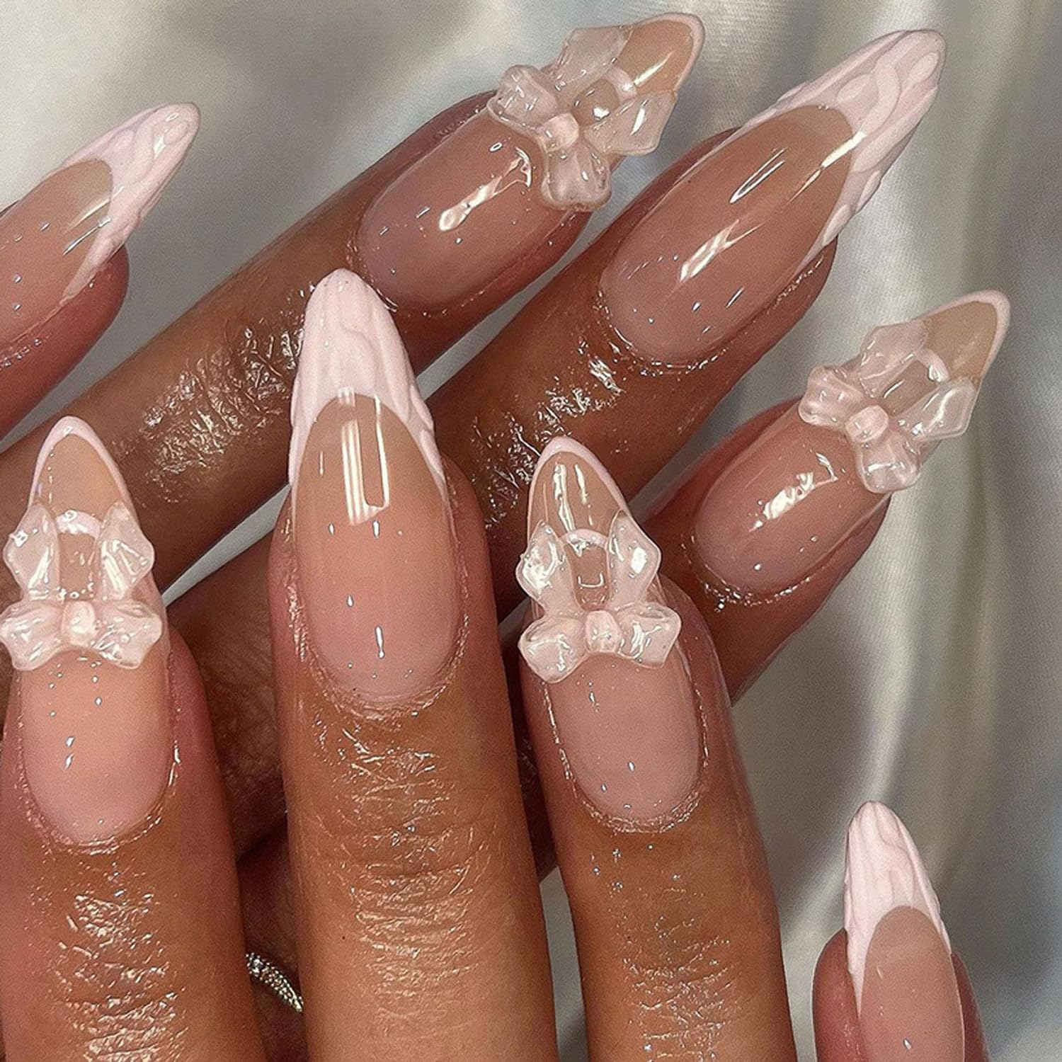 YKZFUI French Tip Press on Nails with Charms. Medium. Cute Bow. Long Square Shape. Acrylic Fake Stick On Nails with Heart and Rhinestones for Women Daily Wear. White : Beauty & Personal Care