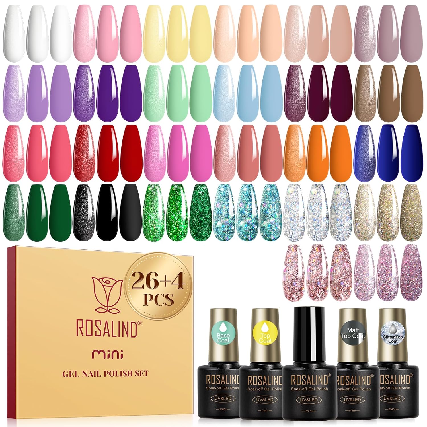 ROSALIND 30pcs Gel Nail Polish Set. 26 Colors Gel Polish with 3Pcs Glossy Matte Glitter Top Coat and Base Coat All Seasons Nude Blue Red Gel Nails art Kit DIY Salon at Home : Beauty & Personal Care