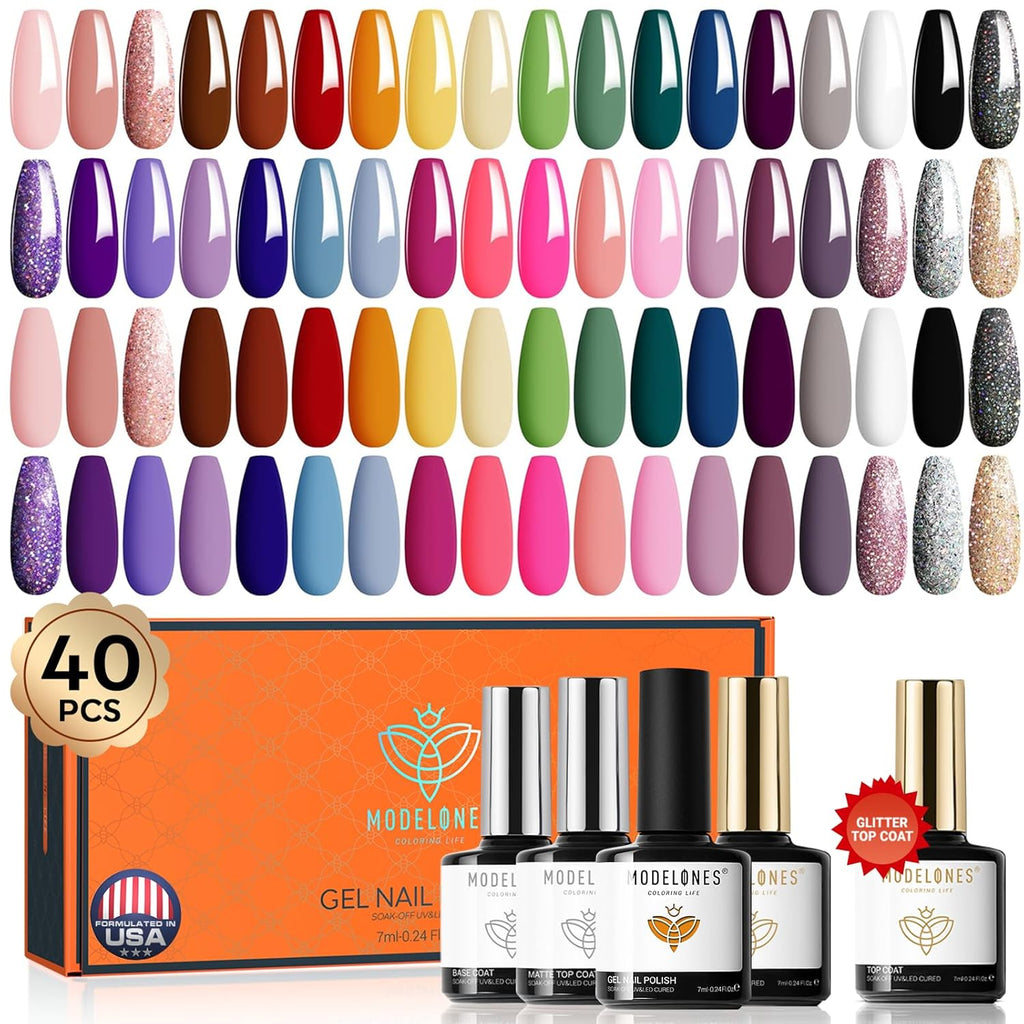 modelones 32 PCS Gel Nail Polish Set. 28 Colors Gel Polish with No Wipe Base Coat. Glitter & Glossy & Matte Top Coat Black Brown Red Purple Soak Off LED Nail Art Kit Salon at Home : Beauty & Personal Care