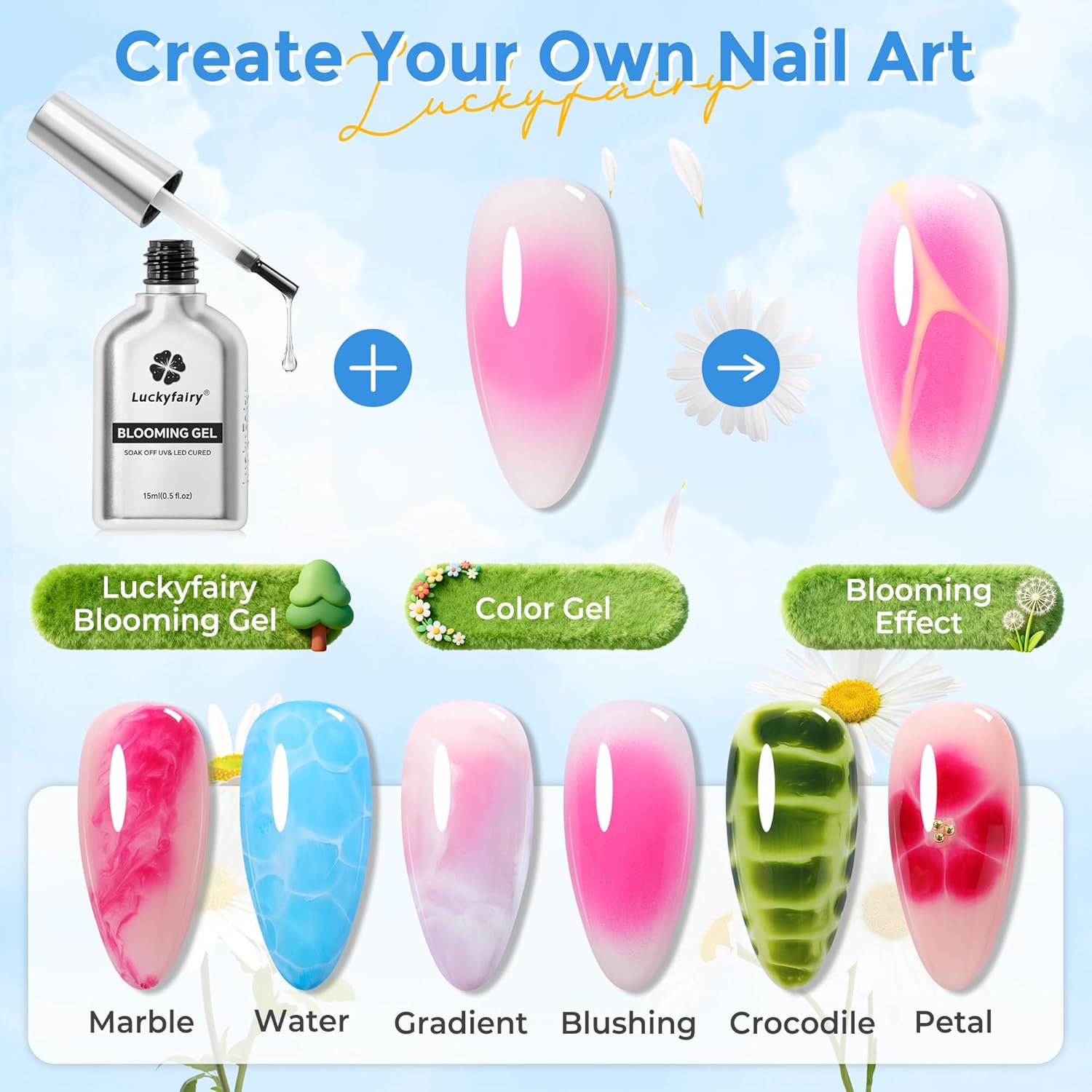 Luckyfairy Blooming Gel Nail Polish Clear: 15ml Nail Blooming Gel Uv Led Blossom Nail Art Accessories Stuff for Spreading Effects. Marble Watercolor Summer Floral Print Nails Art Design Magic Gift : Beauty & Personal Care