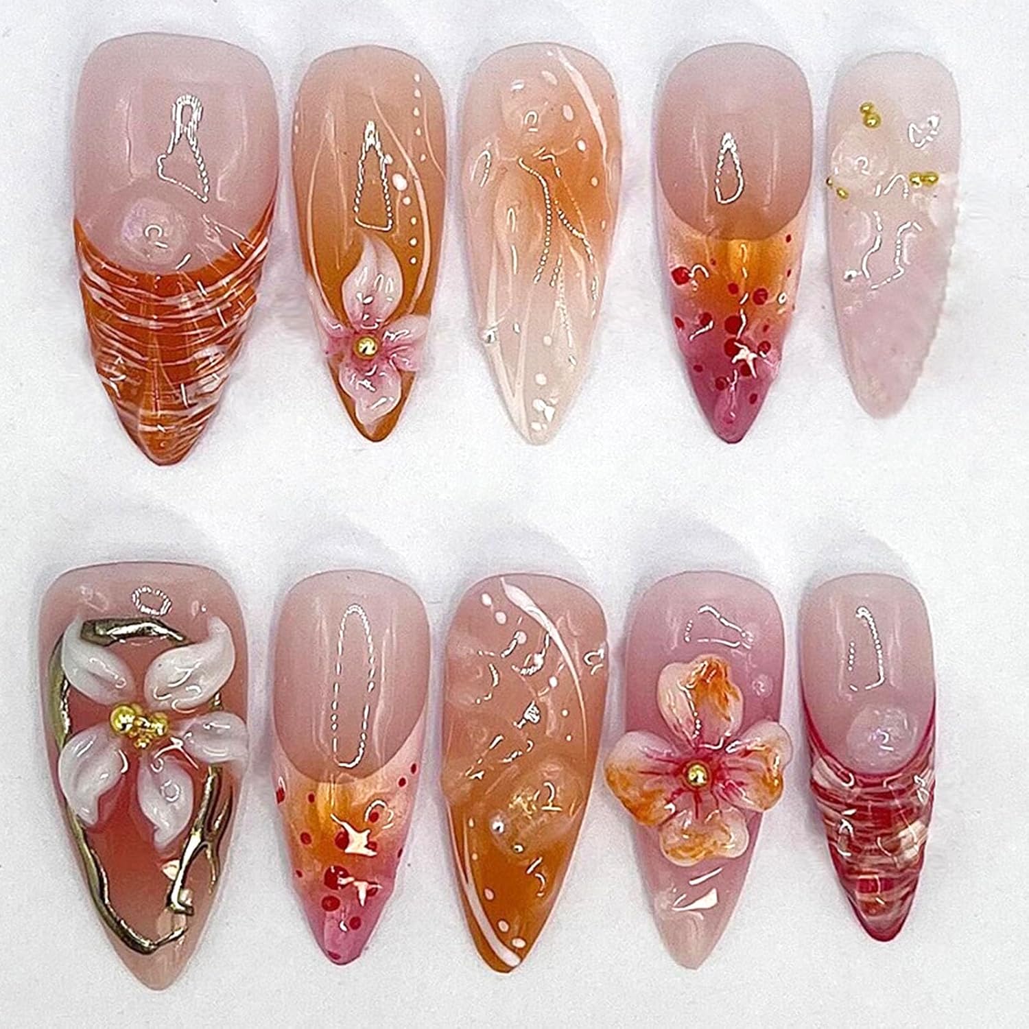 Short Press On Almond Fake Nails - Flower Acrylic Fall Nails Press Ons Full Cover Glue On Cute False Floral Stick On Nails for Women - 30 Pcs : Beauty & Personal Care