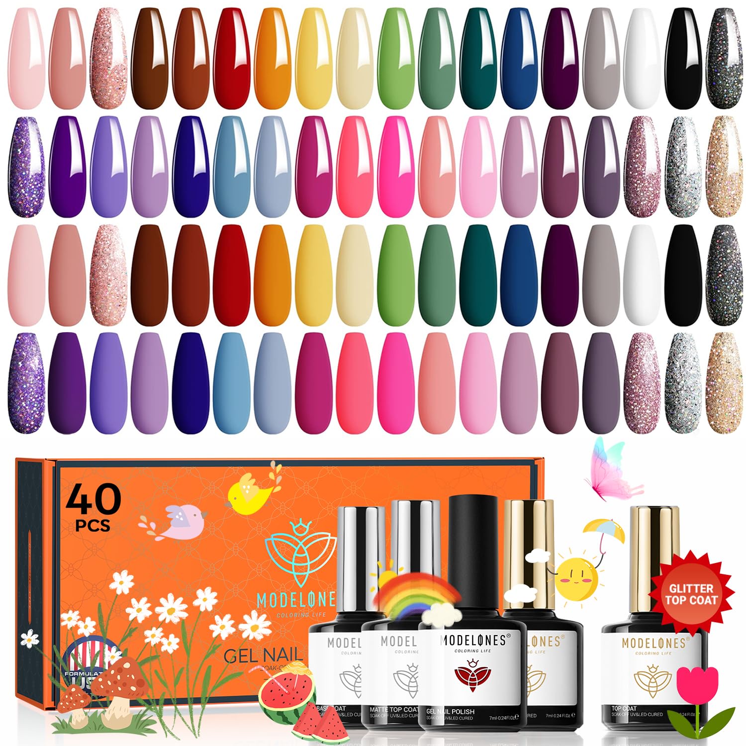modelones 32 PCS Gel Nail Polish Set. 28 Colors Gel Polish with No Wipe Base Coat. Glitter & Glossy & Matte Top Coat Black Brown Red Purple Soak Off LED Nail Art Kit Salon at Home : Beauty & Personal Care