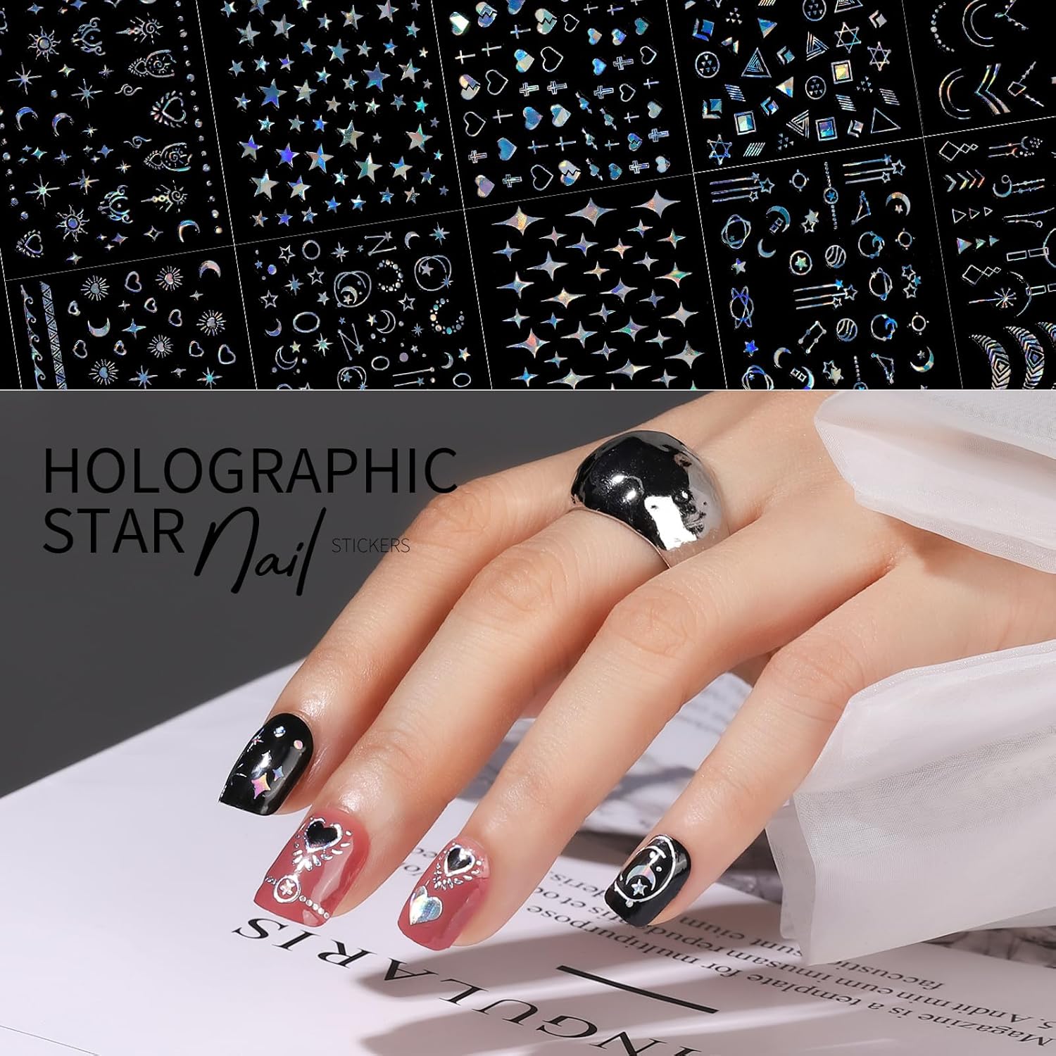Teenitor 50 Sheets Aurora Nail Stickers for Nail Art. Star Nail Art Stickers for Kids Women. Laser Silver Nail Decals Fingernail Stickers for Holiday. Self-Adhesive Nail Decorations : Beauty & Personal Care
