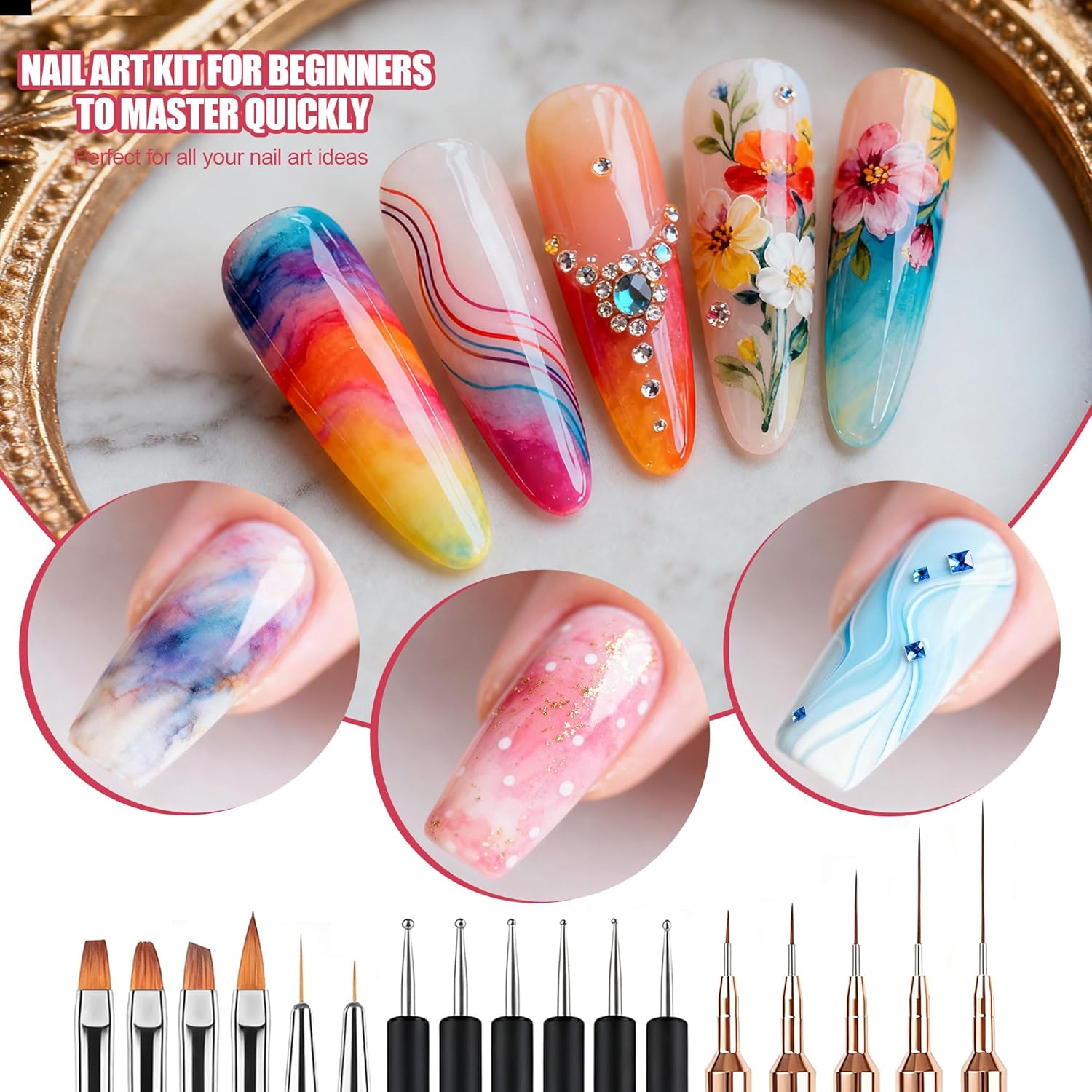 Artdone Nail Striping Tape Lines Kit With Nail Art Pens Dotting Tools And Liner Brushes For Gel Polish Small Detail Drawing Design Paint : Beauty & Personal Care