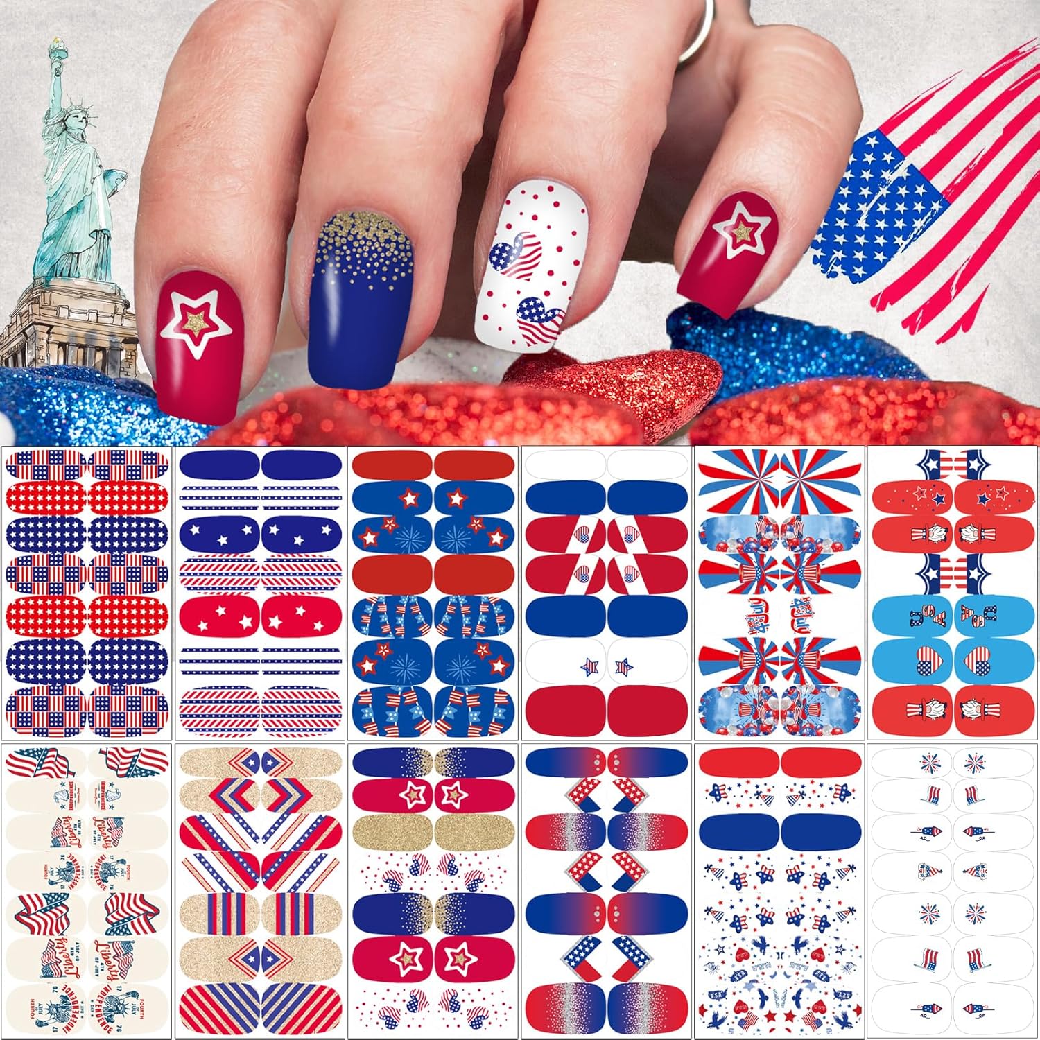12 Sheets 4th of July Nail Wraps Stickers. Independence Day Full Nail Polish Strips. Memorial Day DIY Self-Adhesive Nail Art Decals Patriotic American Flag Pattern Decor with 2 Piece Nail Files : Beauty & Personal Care