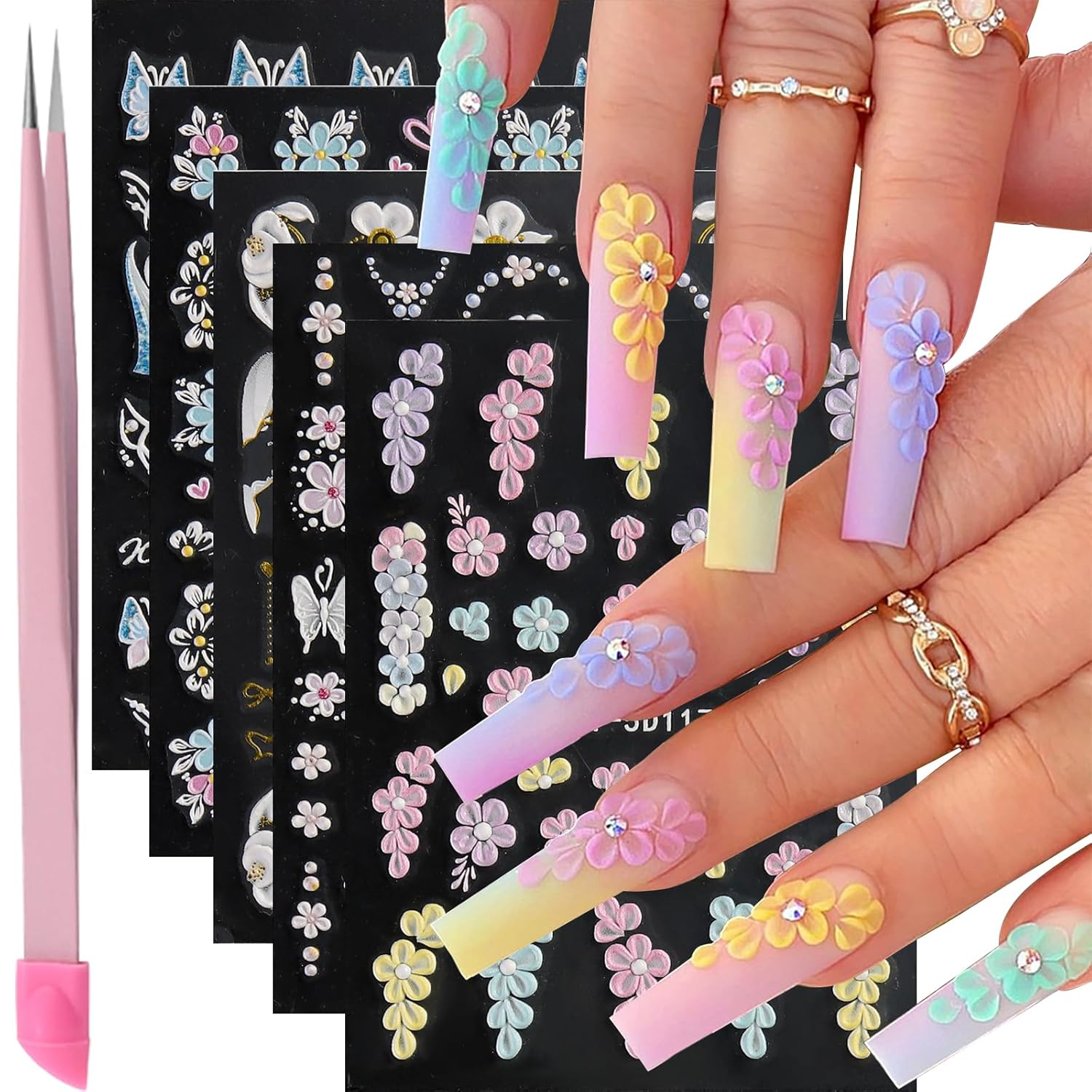 VOTACOS Flower Nail Art Stickers - 5D Embossed. Spring/Summer Daisy Designs. Self-Adhesive Decals for Women's Nail DIY Decoration : Beauty & Personal Care