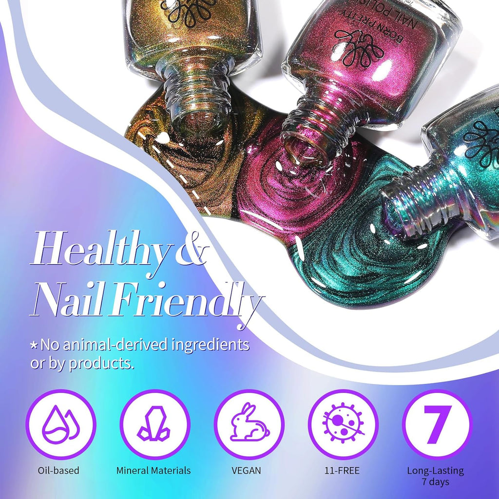 Born Pretty Chameleon Nail Polish Set. 6 Colors Chrome Holographic Metallic Glitter Quick Dry Nail Lacquer Kit Long Lasting DIY Fingernail Art Home Salon Valentines Gifts for Women Girls : Beauty & Personal Care