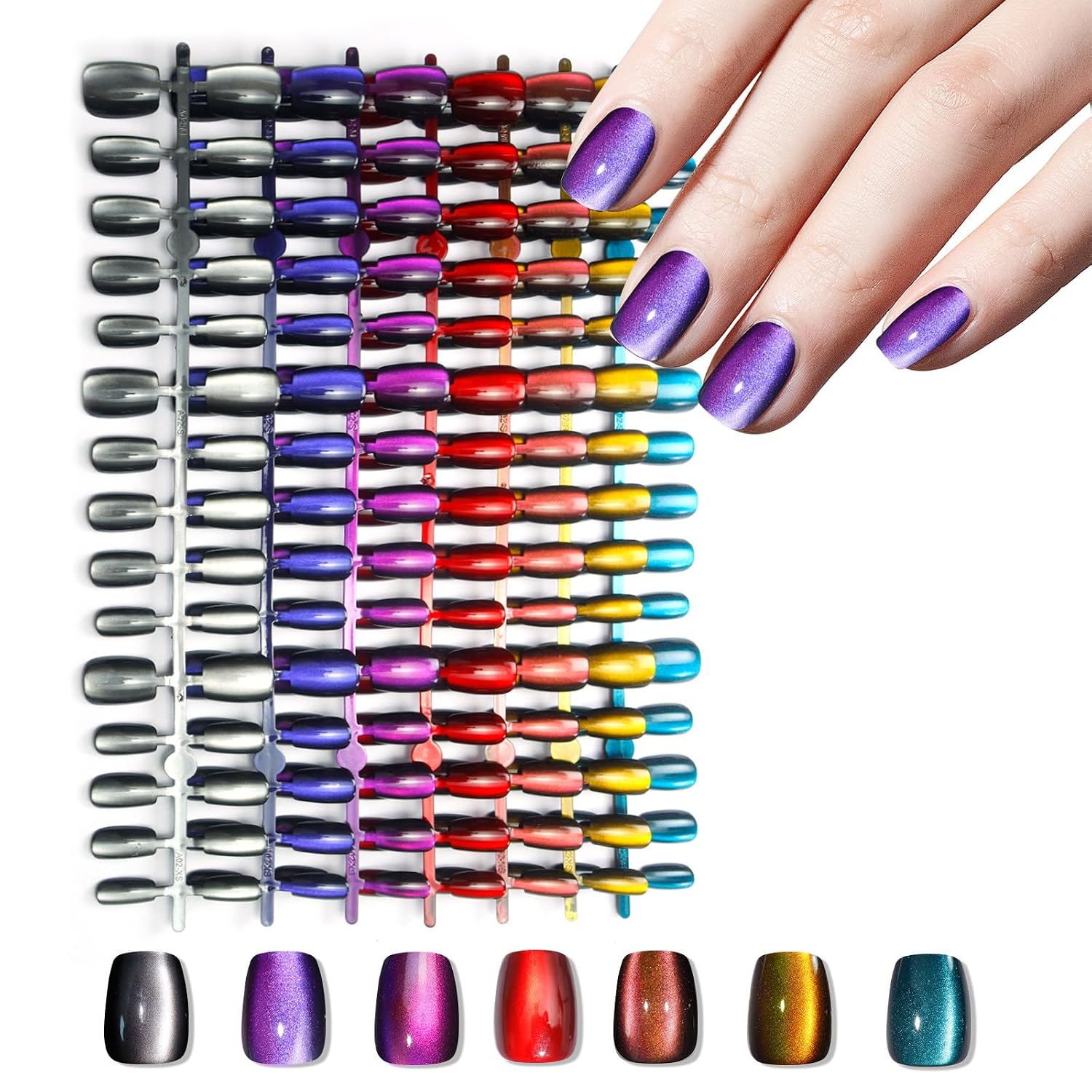 Laza 210pcs Cat Eye Press on Nails for Women 7 Colors Short Square Reusable Nail Tips in 15 Sizes Long Lasting Salon Fake Nails Stick on Artificial Acrylic False Nail Tips — Chameleon Series : Beauty & Personal Care